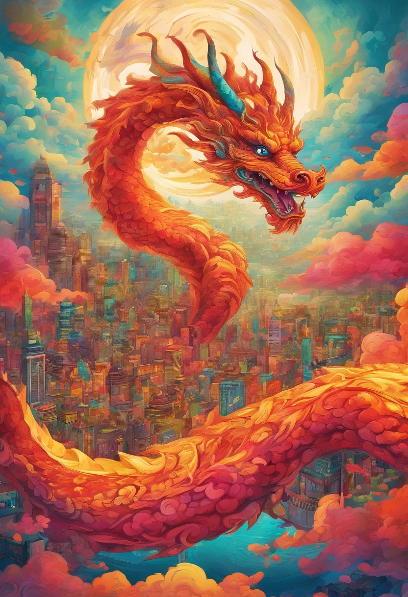 best quality,fractal art,A stunning Dragon jump up between tall buildings inthe city,in the style of structured chaos,goldenpalette,unique yokai illustrations,cryengine,largescale murals,ornate complexity,vivid energy,masterpiece,