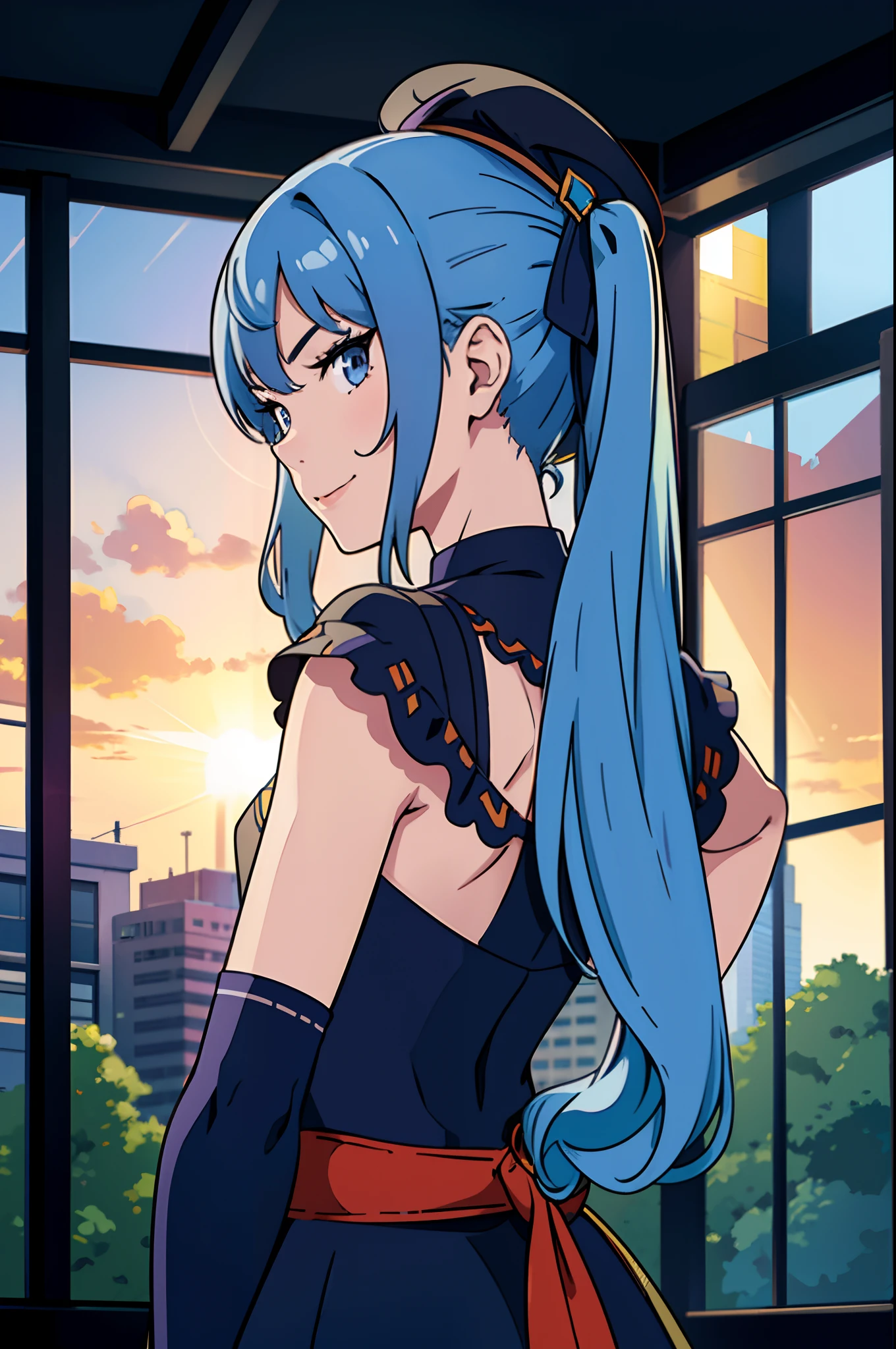 masterpiece, best quality, ultra-detailed, illustration, colorful, flat color, depth of field, lens flare, 1girl, sui1, 1girl, side ponytail, hoshimachi suisei, long hair, blue hair, blue eyes, anime, (closeup), (look over shoulder), (upper body), beret, dress, flat chest, looking at viewer, (from back, from behind), detailed fabric texture, beautiful detailed face, smile, seductive, alluring attire, (hands on hips), makeup, teen