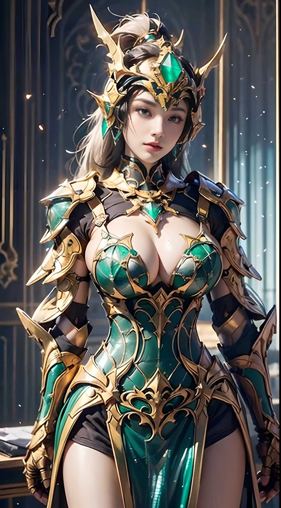 A ((close up ))of a sexy young woman,((((in a emerald en transparent dress)))),((fantasy anime emerald armor)),big round breasts,big ass,hips up,sexy figure, provocative expression, sexy pose, sexy figure, seductive face, detailed face,detailed eyes,ponytail hair style,((front view)),cute dace,((in a luxurious bedroom)),((front body view)), (( front view 1.2)),((straight hair)),((long multi colour hair)),((boobs view)),((30 years old)),((highly detailed))(high quality model)),((super high quality resolution)),((super high quality image)),((super class beauty)),((computer graphics)),((16k resolution)),((HDR)),((VfX)), ((magical armor of heavenly maiden)),((body covered heavenly divine armor)),((divine armor)),((god level armor)), ((spiritual power around armor)),((powerful goddess))