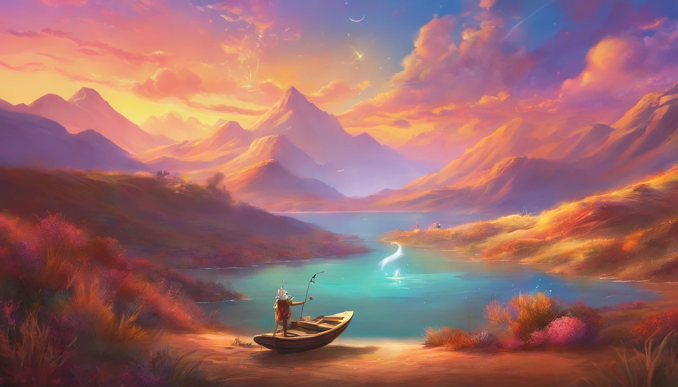 painting of fishing boat , River and mountain landscape with a lake , illustration matte painting, inspired by Thomas Kinkade, symmetric matte painting, detailed scenery , style raw, 8 k ultra detailed, environment design illustration, scenery art detailed, Seaside view, concept-art, 4k highly detailed digital art, 4 k digital painting, 4k digital painting, stunning digital illustration, Desert background, digital painting concept art, Detailed digital painting