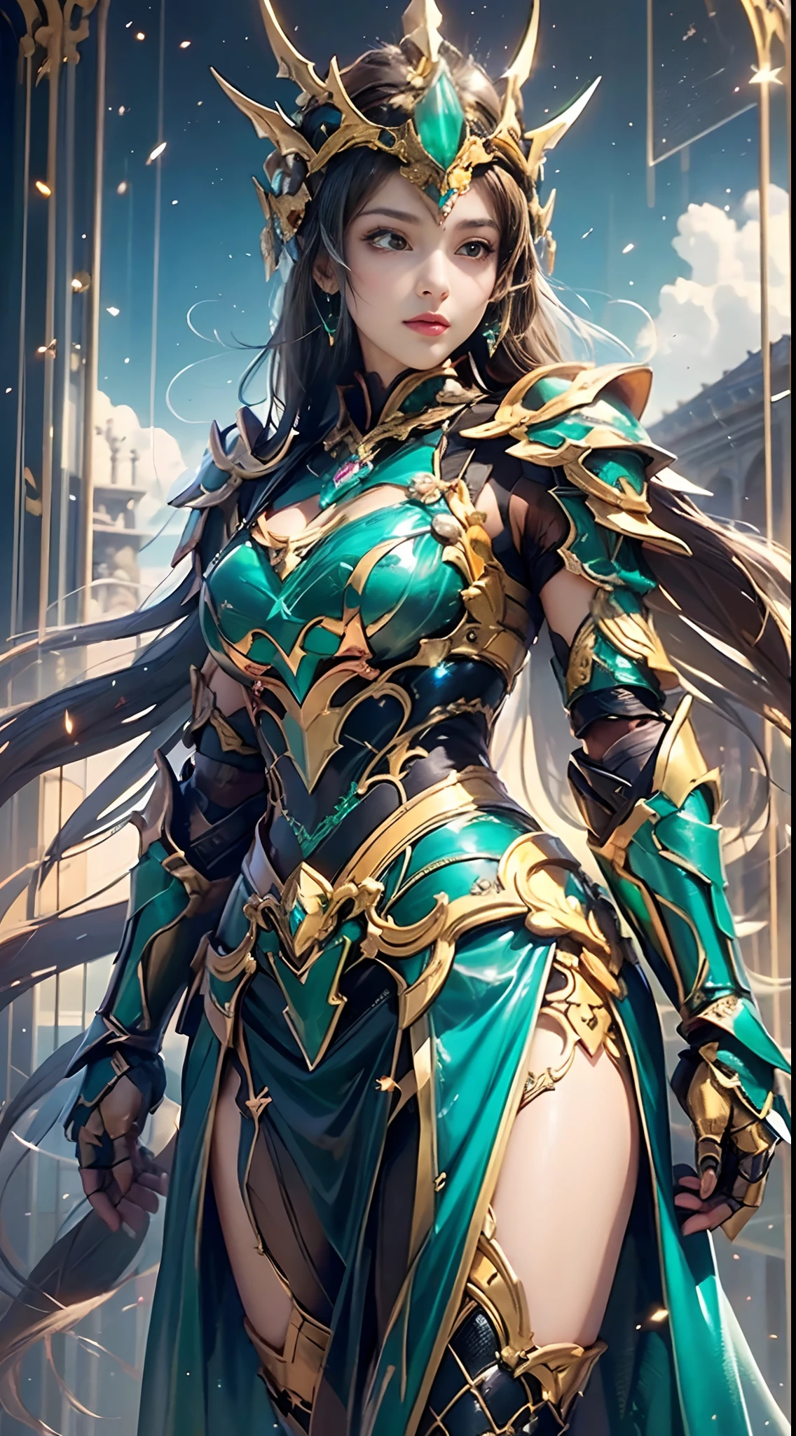 A ((close up ))of a sexy young woman,((((in a emerald en transparent dress)))),((fantasy anime emerald armor)),big round breasts,big ass,hips up,sexy figure, provocative expression, sexy pose, sexy figure, seductive face, detailed face,detailed eyes,ponytail hair style,((front view)),cute dace,((in a luxurious bedroom)),((front body view)), (( front view 1.2)),((straight hair)),((long multi colour hair)),((boobs view)),((30 years old)),((highly detailed))(high quality model)),((super high quality resolution)),((super high quality image)),((super class beauty)),((computer graphics)),((16k resolution)),((HDR)),((VfX)), ((magical armor of heavenly maiden)),((body covered heavenly divine armor)),((divine armor)),((god level armor)), ((spiritual power around armor)),((powerful goddess))