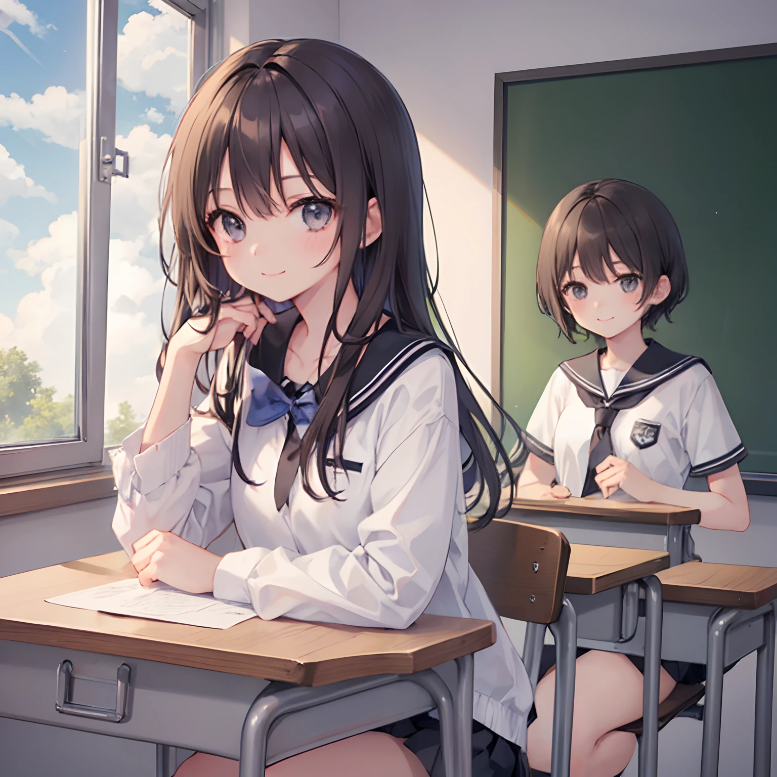 1girl in、Dark hair、Black eyes、校服、Schools、Classroom、classmate、ami、A smile、laught、Daytime、suns、chalk board、desk work、conversation、A delightful