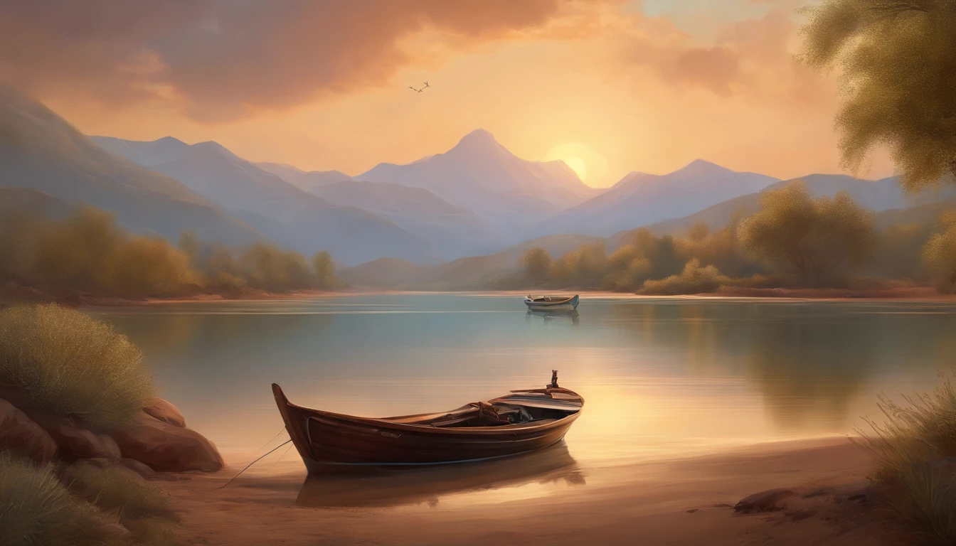 painting of fishing boat , River and mountain landscape with a lake , illustration matte painting, inspired by Thomas Kinkade, symmetric matte painting, detailed scenery , style raw, 8 k ultra detailed, environment design illustration, scenery art detailed, Seaside view, concept-art, 4k highly detailed digital art, 4 k digital painting, 4k digital painting, stunning digital illustration, Desert background, digital painting concept art, Detailed digital painting