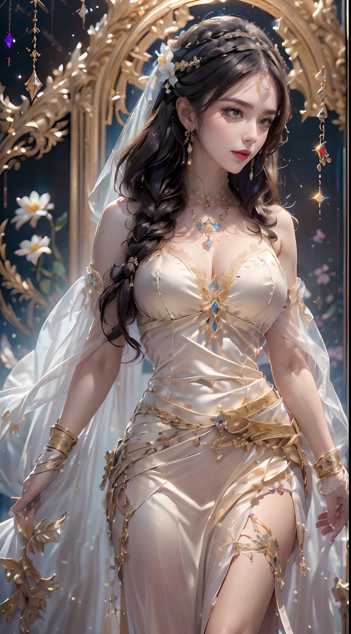 A ((((close up ))))of a sexy young woman,((((in a glitterymade of crystals)))),big round breasts,big ass,hips up,sexy figure, provocative expression, sexy pose, sexy figure, seductive face, detailed face,detailed eyes,((front view)),cute face,((at a wedding hall)),((front body view)), (( front view 1.2)),((30 years old)),((highly detailed)),((close up)),((((body in frame)))),((posing for picture)),((holding flowers)),8k, masterpiece, RAW photo, best quality, detail:1.2),photorealistic, extremely detailed CG unity 8k wallpaper, Lens Flare, (extremely beautiful face, beautiful red lips, beautiful eyes), intricate detail face, ((ultra detailed skin)), 1girl, deep shadow, pretty girl, (slim slender fit-muscled body:1.3), ((looking at viewer)), (big smile), (laced dress), pantyhose, clear eyes, walking, face forward, (((big brown eyes))), ((upper body shot)), dress, laced dress, turning back, back shot, very slim, slander, ((white braid hair over shoulder)), (((white: gold: skirt dress: gloves lace)))))), 3D, rich colors, (black makeup:1.3), (lace stockings with garters, cord trim, lace), (Intricate detailed multi-layer bodysiut lacy lace-upp), necklace, bracelets,((close up))