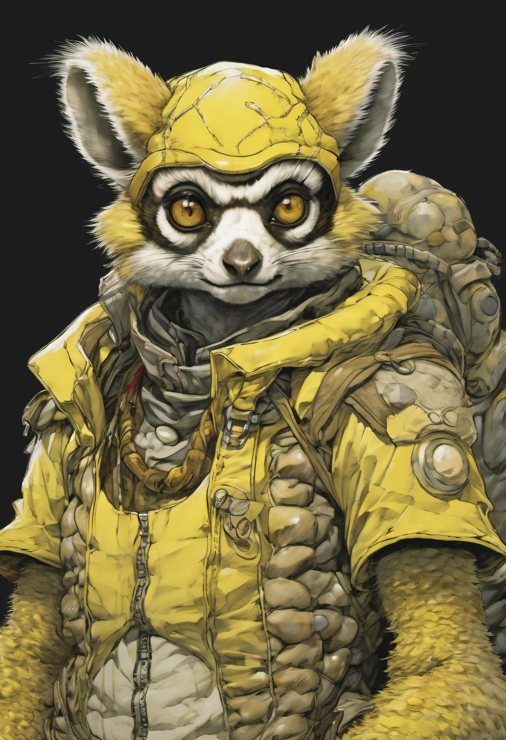 comics LEMUr, by Katsuya Terada, HD, manga, toon avatar,LEMUR, Katsuya Terada STYLE, POKEMON STYLE, LEMUR, YELLOW EYE, SNAKE skin ARMOR, SCALEs,LEMUR, YELLOW EYES, muppet, simple, stialized, chubby, , manga, contrast, poce, full body, dynamic poce, miletary gear, goggles, hood, by Katsuya Terada, clean, compact, simple