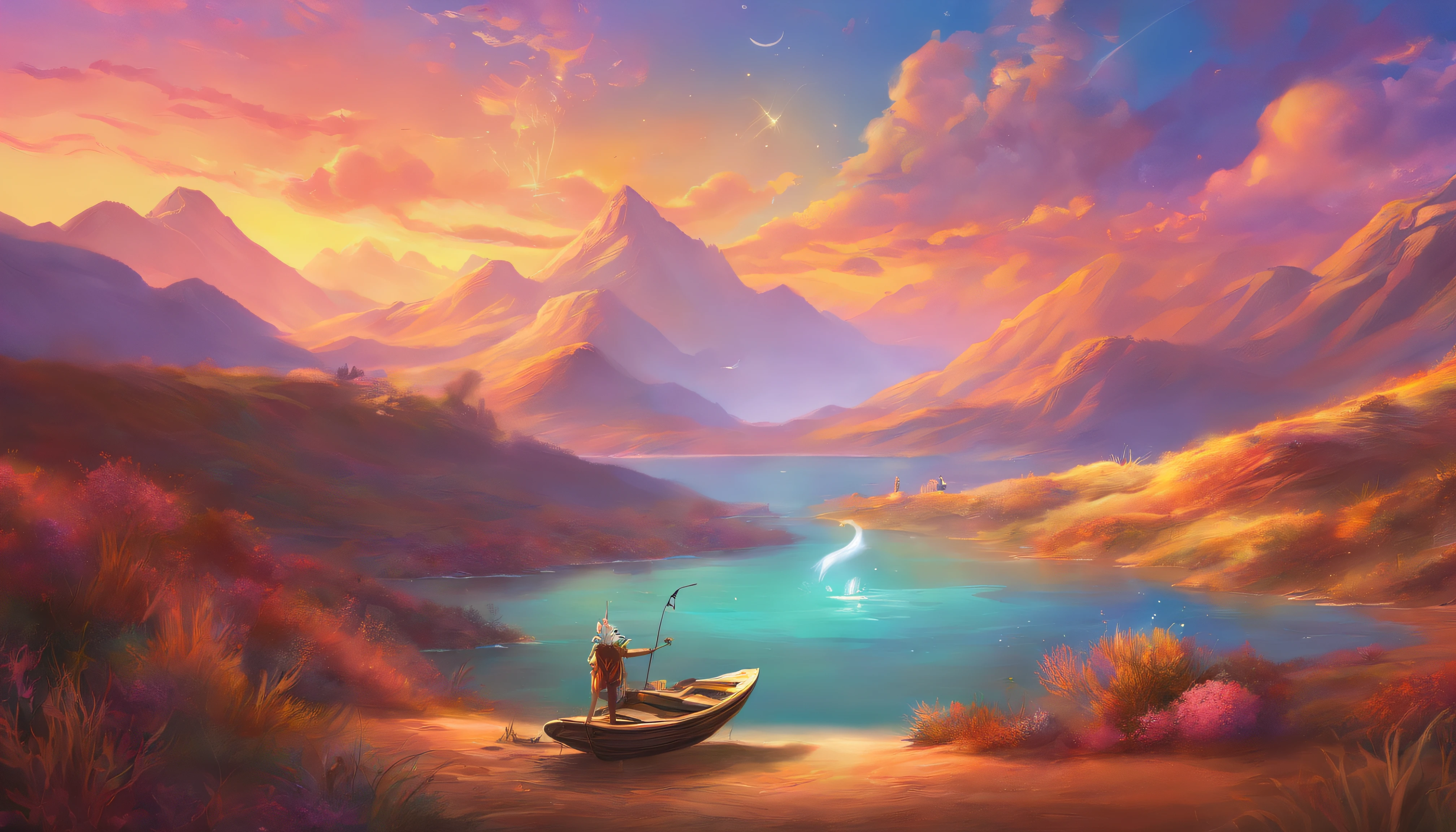 painting of fishing boat , River and mountain landscape with a lake , illustration matte painting, inspired by Thomas Kinkade, symmetric matte painting, detailed scenery , style raw, 8 k ultra detailed, environment design illustration, scenery art detailed, Seaside view, concept-art, 4k highly detailed digital art, 4 k digital painting, 4k digital painting, stunning digital illustration, Desert background, digital painting concept art, Detailed digital painting