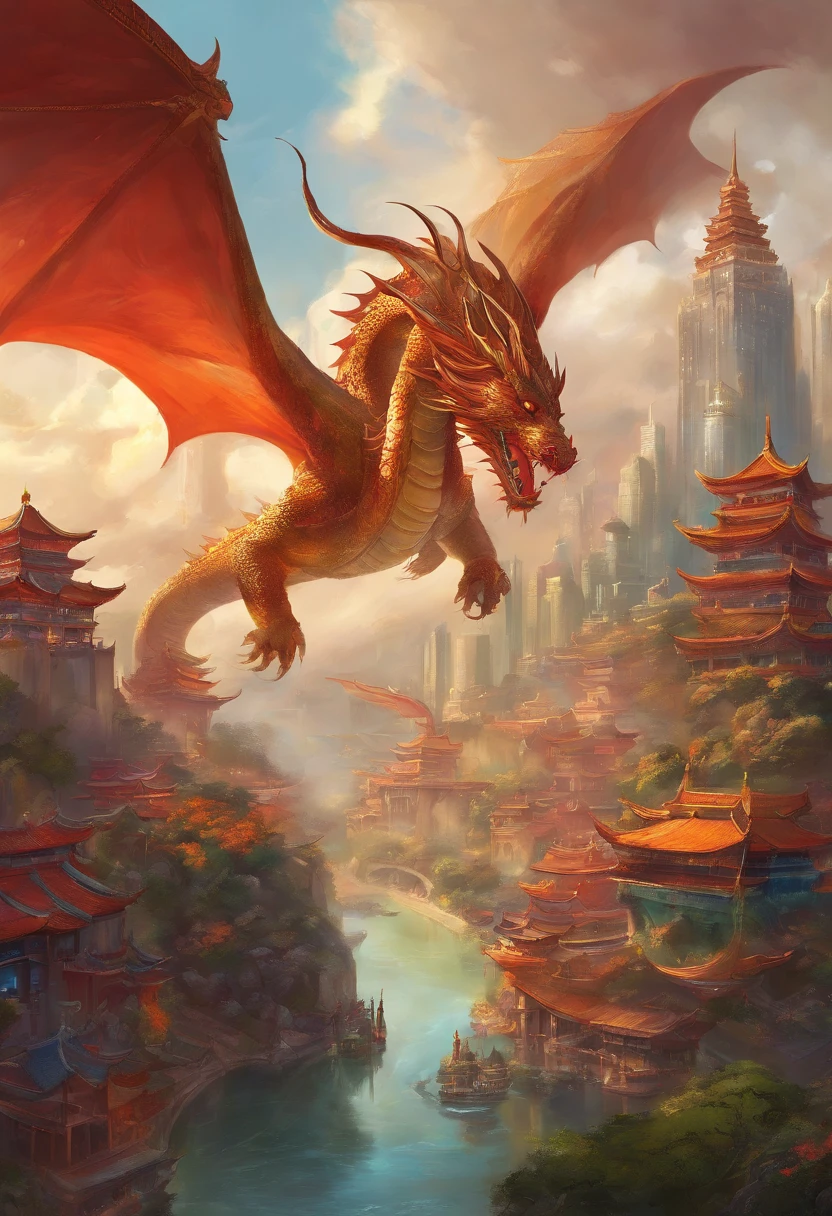A dragon partially hidden in the clouds, Below is a modern metropolis. mediating: chinese brush painting, [Subtle ink]. Additional Detail: Skyscrapers stretch out to the sky, Intricate cityscape, Bustling streets, A bridge connecting the city, Cars and buses on the road. Image quality: (Best quality, 8K), Ultra-detailed, Realistic. Art style: Chinese traditional, Modern fusion. Color Palette: vibrant, With hints of gold and red. lighting: sunlight penetrates the clouds, Cast dynamic shadows over the city.