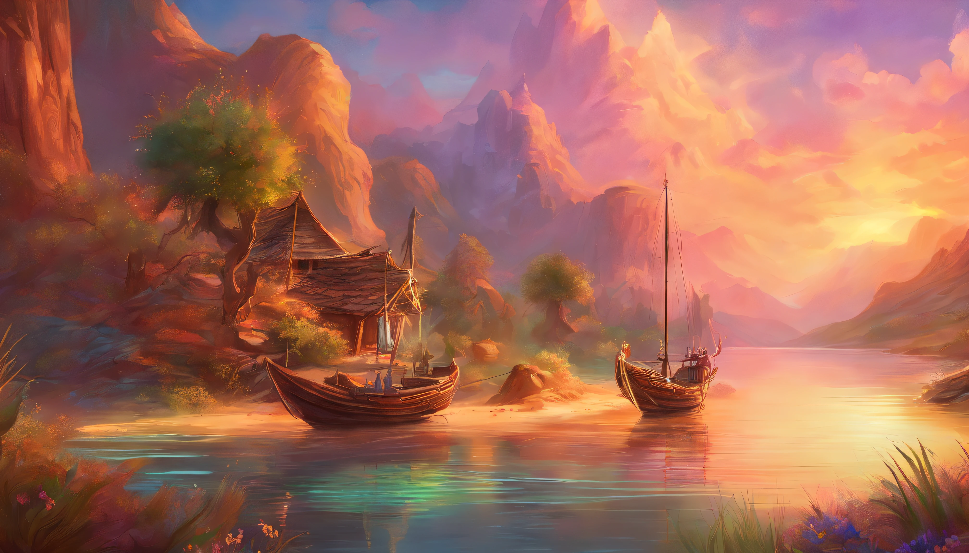 painting of fishing boat , River and mountain landscape with a lake , illustration matte painting, inspired by Thomas Kinkade, symmetric matte painting, detailed scenery , style raw, 8 k ultra detailed, environment design illustration, scenery art detailed, Seaside view, concept-art, 4k highly detailed digital art, 4 k digital painting, 4k digital painting, stunning digital illustration, Desert background, digital painting concept art, Detailed digital painting
