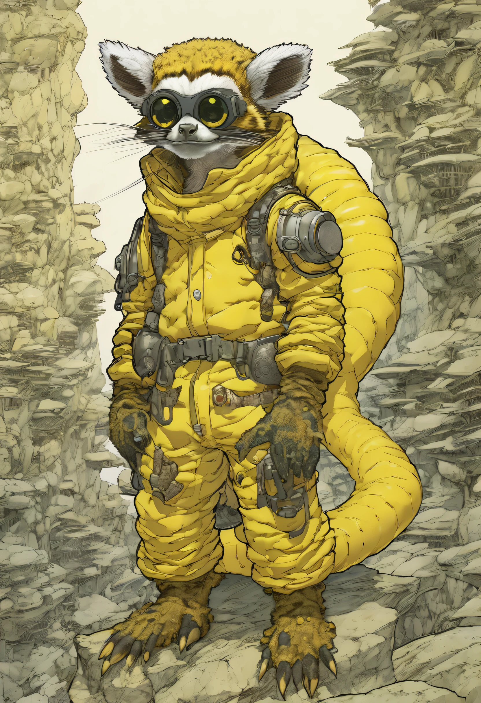 comics LEMUr, by Katsuya Terada, HD, manga, toon avatar,LEMUR, Katsuya Terada STYLE, POKEMON STYLE, LEMUR, YELLOW EYE, SNAKE skin ARMOR, SCALEs,LEMUR, YELLOW EYES, muppet, simple, stialized, chubby, , manga, contrast, poce, full body, dynamic poce, miletary gear, goggles, hood, by Katsuya Terada, clean, compact, simple