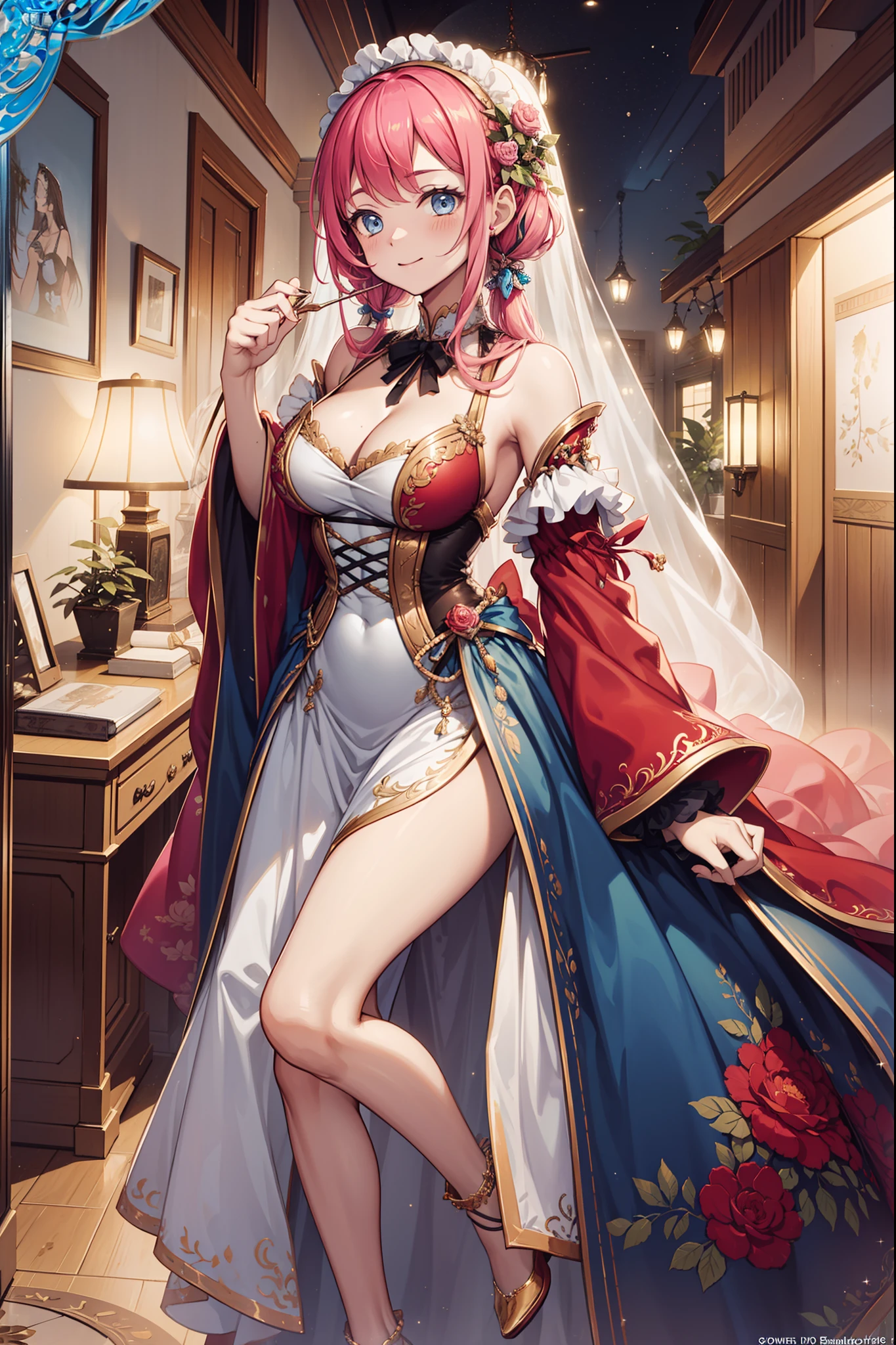 s girl,Enchanted,Divine happiness,Being in love,(Light Victorian dress),Pink hair,eBlue eyes,Maximalism,Multiple layers of delicate ruffles,Lots of lace,Multi-color band,Delicate embroidery,Delicate pattern,Fabric headdress,exquisite costumes,transparent costume,Bedrooms,the night,glittery,(Dazzle:1.1),Movie lighting,the night,solo person