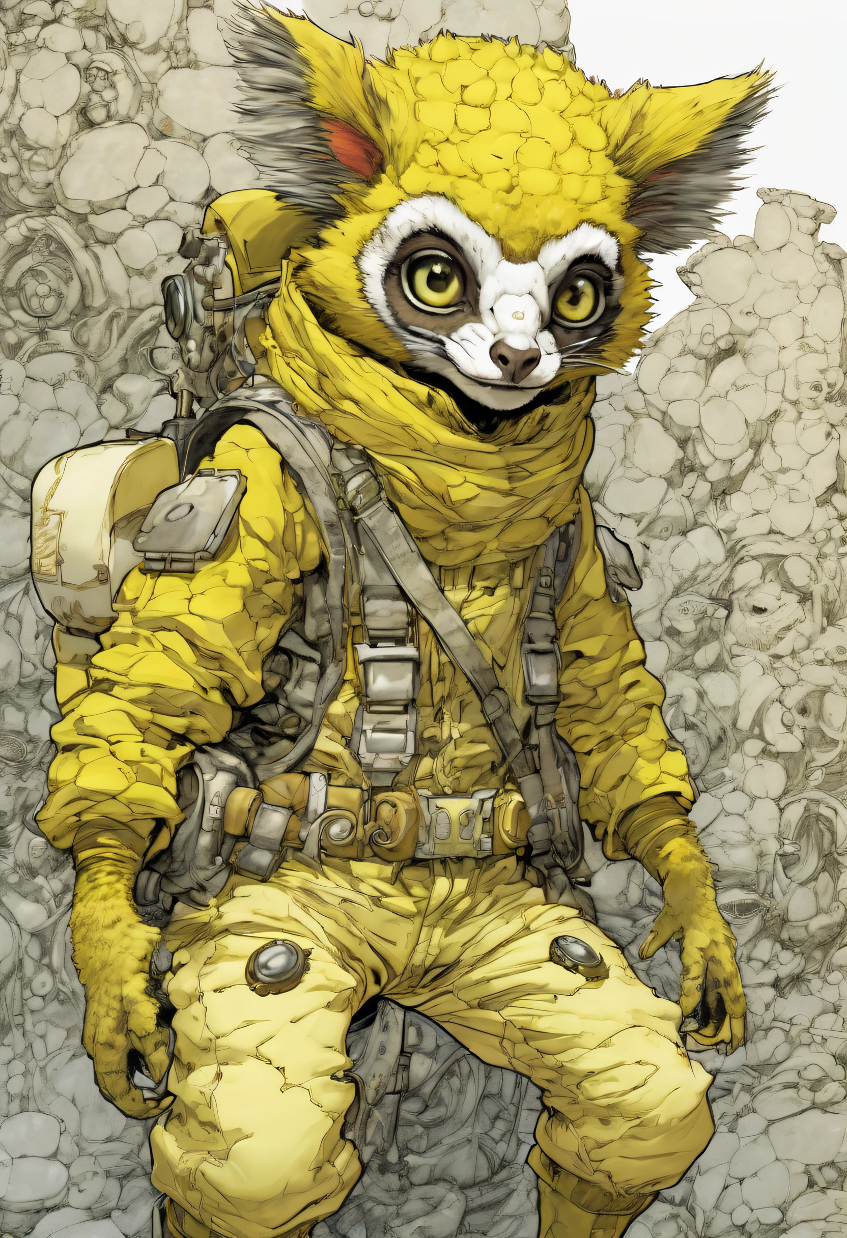 comics LEMUr, by Katsuya Terada, HD, manga, toon avatar,LEMUR, Katsuya Terada STYLE, POKEMON STYLE, LEMUR, YELLOW EYE, SNAKE skin ARMOR, SCALEs,LEMUR, YELLOW EYES, muppet, simple, stialized, chubby, , manga, contrast, poce, full body, dynamic poce, miletary gear, goggles, hood, by Katsuya Terada, clean, compact, simple