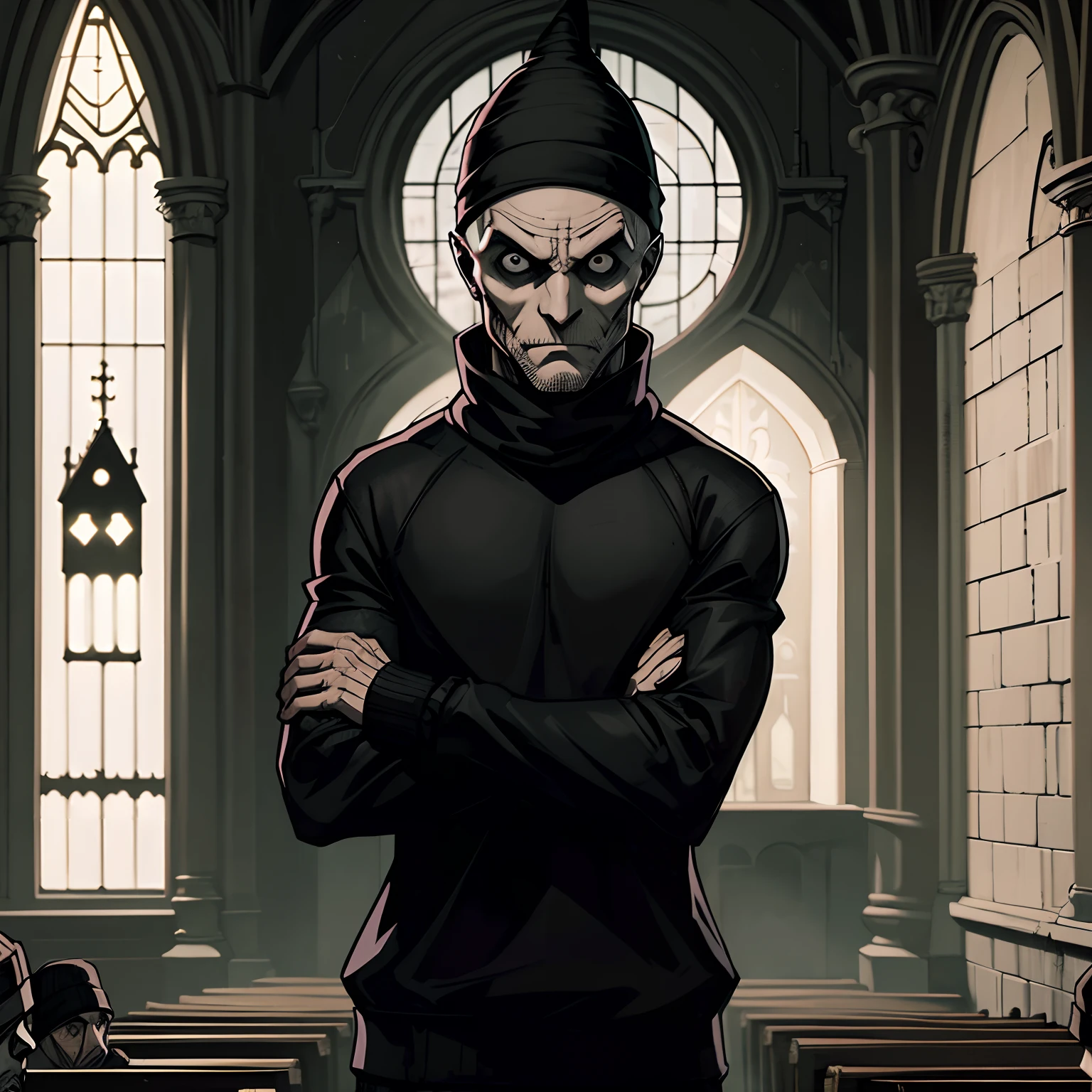 man, robber, wearing a black sweater, black beanie hat, bald, creepy face, scared, sad, inside gotham city church, night time