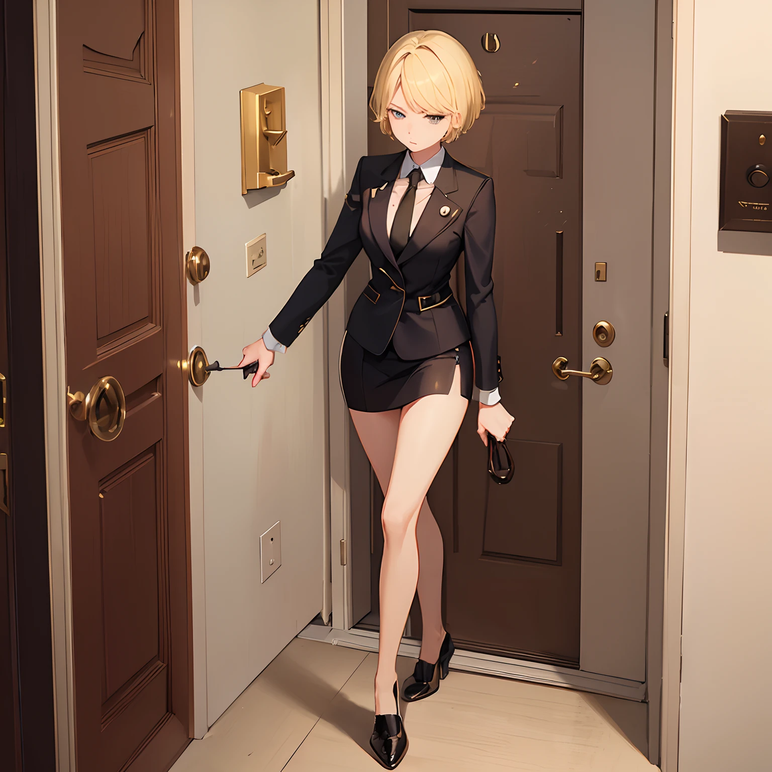 1girll,(short blonde hair:1.6),Business suit,Skirt that wraps hips,black short socks,Mature and beautiful and sexy,Rich and noble families,In the corridor of the villa,(Knocking on the door:2),facing away from the audience,seductive, Ultra-detailed CG,Exquisite facial features,Clear facial expressions,Detailed digital anime art,Digital anime art,High quality anime art style