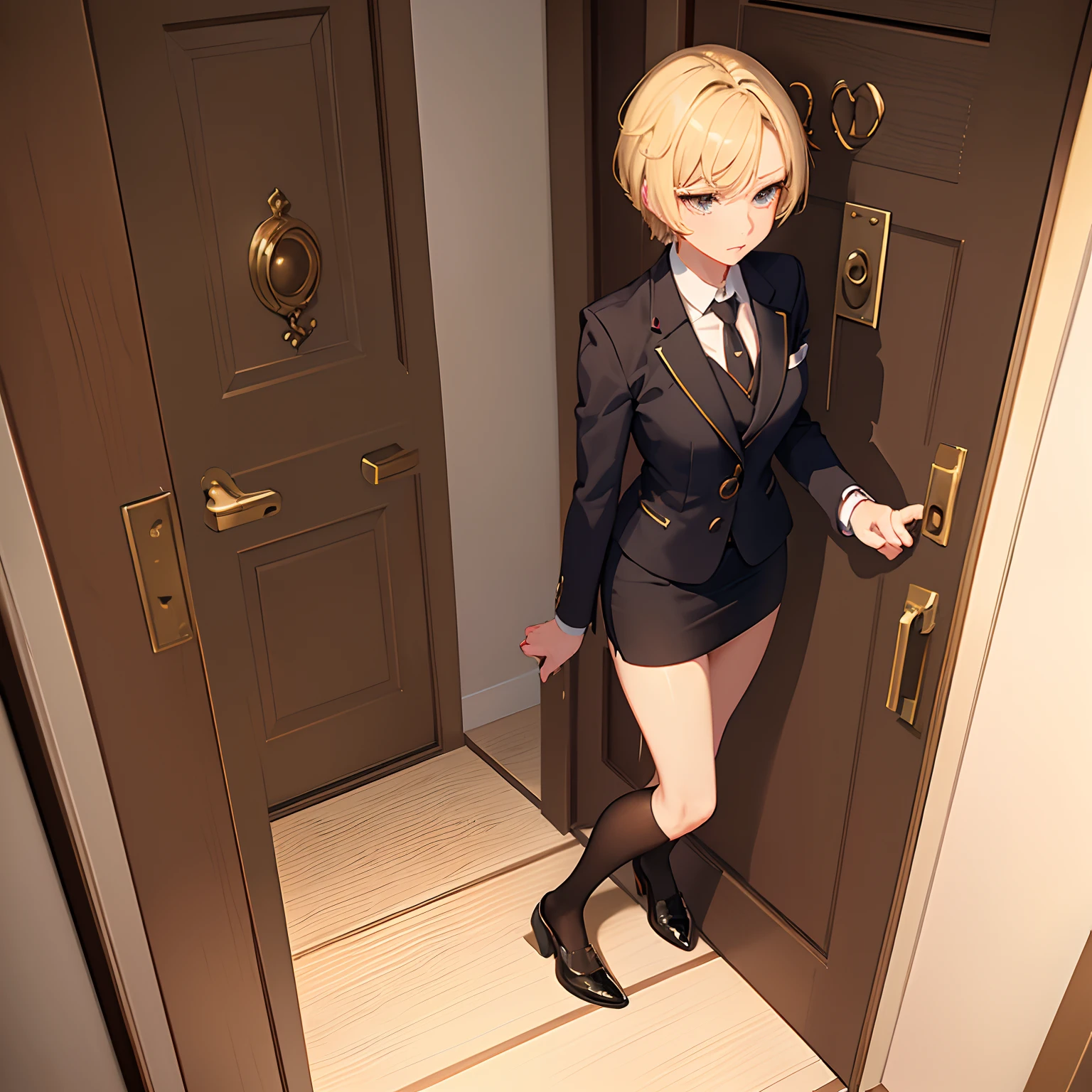 1girll，(short blonde hair:1.6)，Business suit，Skirt that wraps hips，black short socks，Mature and beautiful and sexy，Rich and noble families，In the corridor of the villa，(Knocking on the door:2)，facing away from the audience，seductive, Ultra-detailed CG，Exquisite facial features，Clear facial expressions，Detailed digital anime art，Digital anime art，High quality anime art style