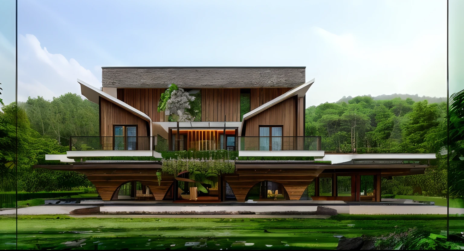 (high quality, 4k, raw photos), garden villa, first floor concrete wall, second floor wooden slats, second floor wood paneled wall, glass door, lawn garden, green trees, beautiful sky , afternoon sunlight,