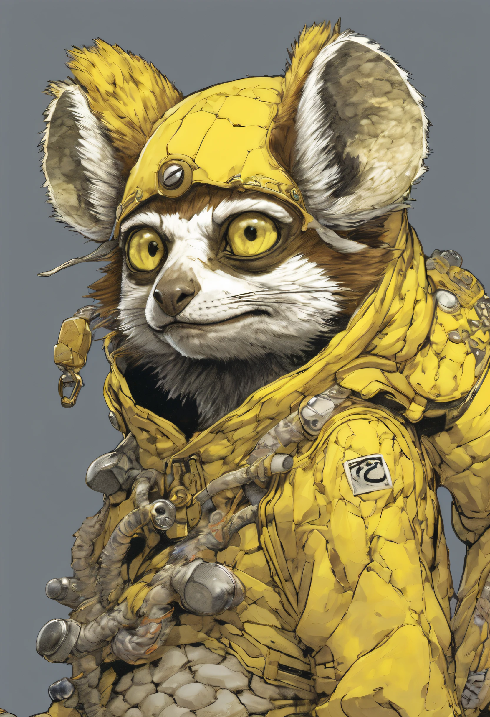 comics LEMUr, by Katsuya Terada, HD, manga, toon avatar,LEMUR, Katsuya Terada STYLE, POKEMON STYLE, LEMUR, YELLOW EYE, SNAKE skin ARMOR, SCALEs,LEMUR, YELLOW EYES, muppet, simple, stialized, chubby, , manga, contrast, poce, full body, dynamic poce, miletary gear, goggles, hood, by Katsuya Terada, clean, compact, simple