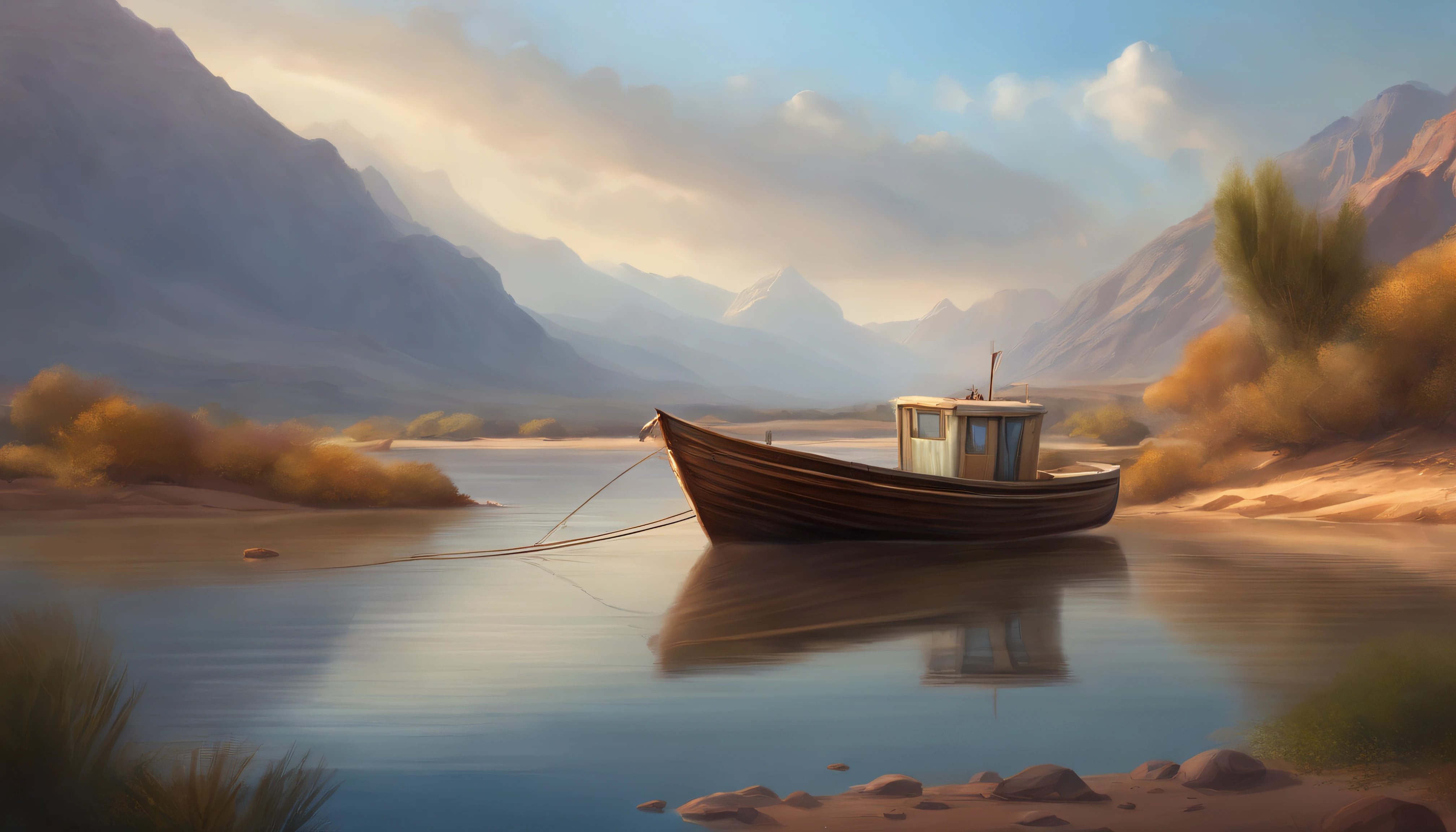 painting of fishing boat , River and mountain landscape with a lake , illustration matte painting, inspired by Thomas Kinkade, symmetric matte painting, detailed scenery , style raw, 8 k ultra detailed, environment design illustration, scenery art detailed, Seaside view, concept-art, 4k highly detailed digital art, 4 k digital painting, 4k digital painting, stunning digital illustration, Desert background, digital painting concept art, Detailed digital painting