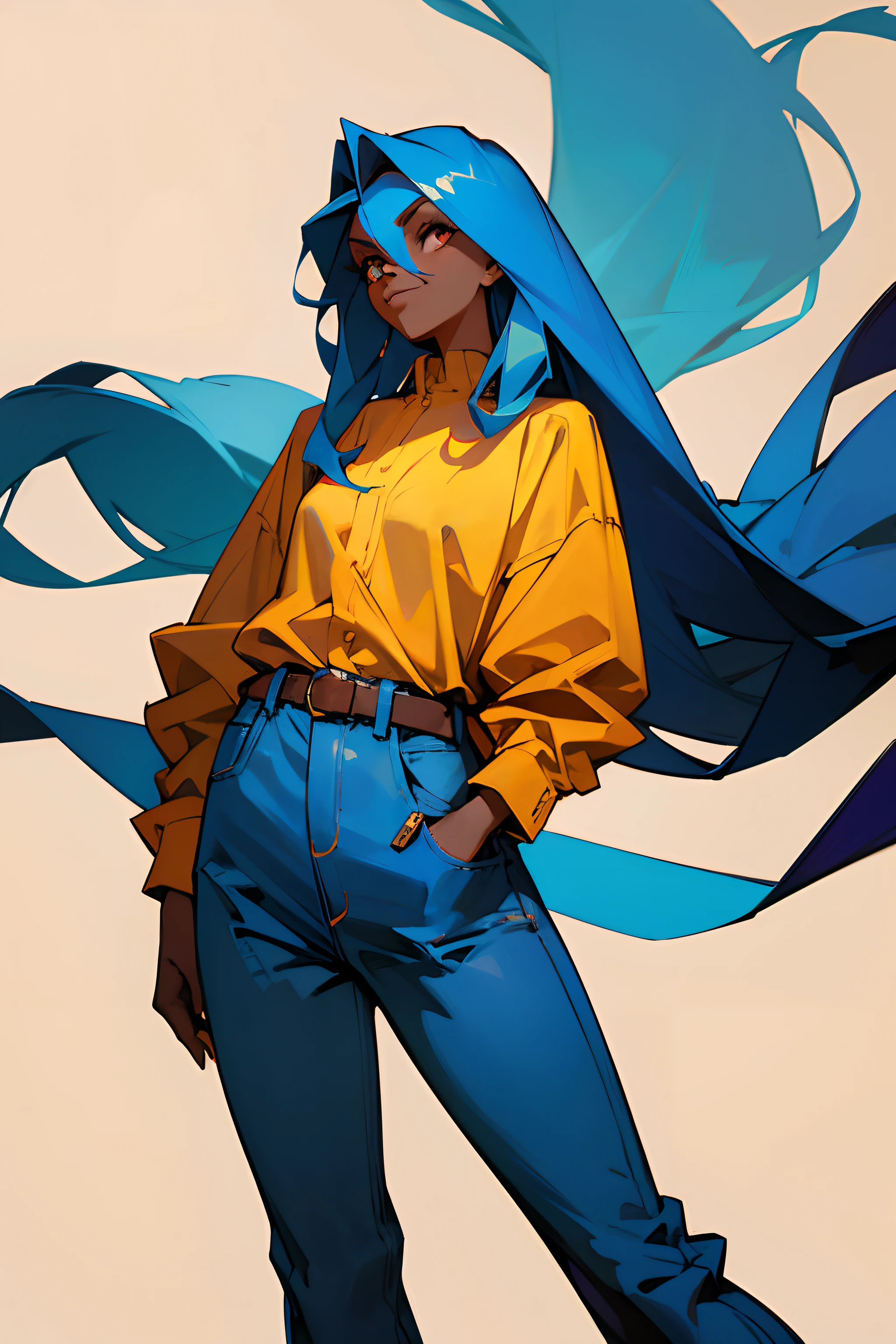 Woman with long blue hair, wearing a long sleeve shirt, flared jeans, an oversized belt, dark skin,
