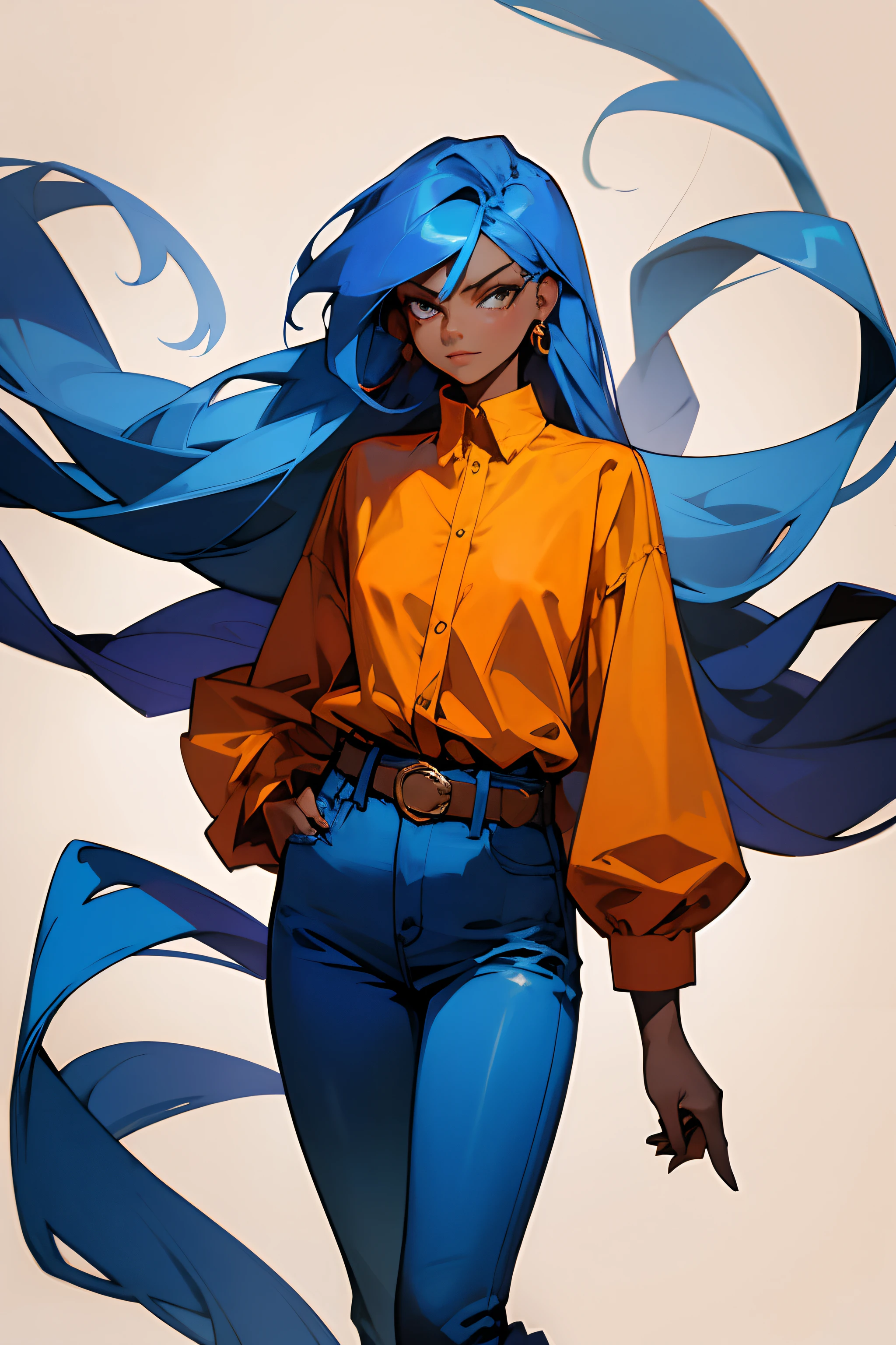 Woman with long blue hair, wearing a long sleeve shirt, flared jeans, an oversized belt, dark skin,