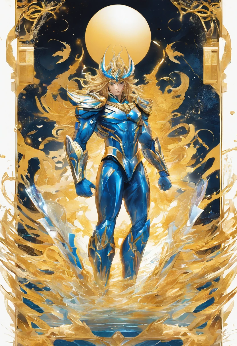(Masterpiece, best quality), (clear focus, rich details), mighty greek god Poseidon dressed in blue and gold shining saint seiya version of futuristic advance battling god cloth, with beard, standing against the background of the under water world headquarter castle, (shot from the front, looking below), (The sun is high above)