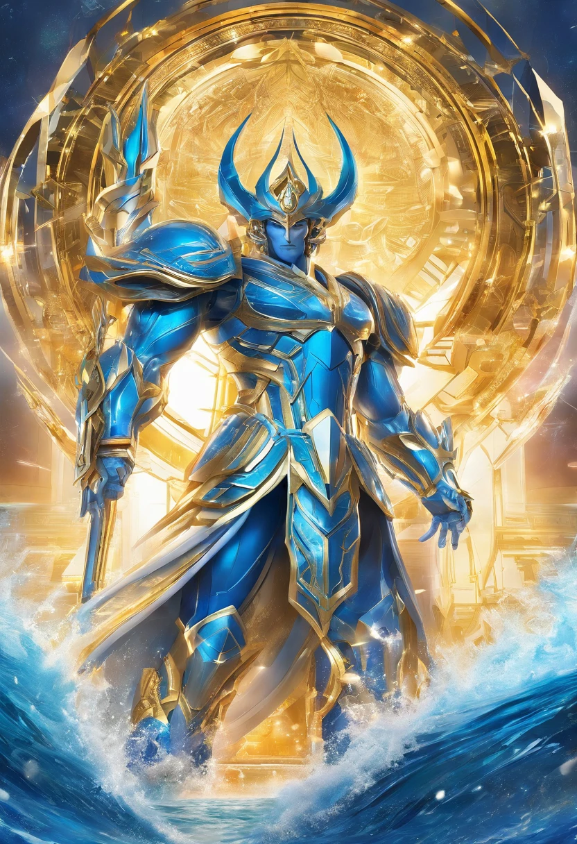 (Masterpiece, best quality), (clear focus, rich details), mighty greek god Poseidon dressed in blue and gold shining saint seiya version of futuristic advance battling god cloth, with beard, standing against the background of the under water world headquarter castle, (shot from the front, looking below), (The sun is high above)