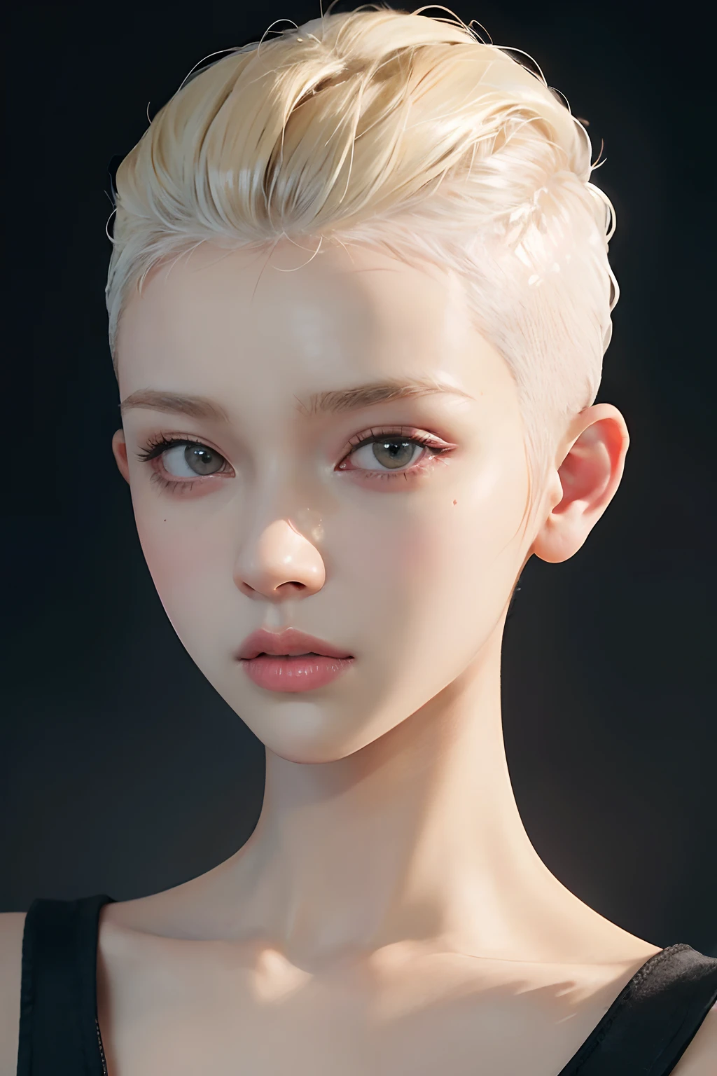 a 20 yo woman, blonde, (hi-top fade:1.3), dark theme, soothing tones, muted colors, high contrast, (natural skin texture, hyperrealism, soft light, sharp)