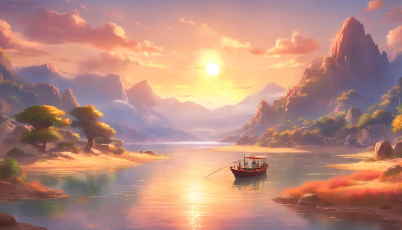 painting of fishing boat , River and mountain landscape with a lake , illustration matte painting, inspired by Thomas Kinkade, symmetric matte painting, detailed scenery , style raw, 8 k ultra detailed, environment design illustration, scenery art detailed, Seaside view, concept-art, 4k highly detailed digital art, 4 k digital painting, 4k digital painting, stunning digital illustration, Desert background, digital painting concept art, Detailed digital painting
