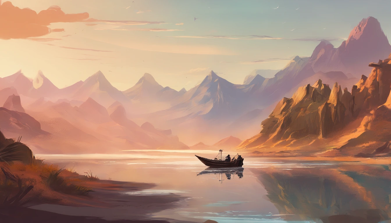 painting of fishing boat , River and mountain landscape with a lake , illustration matte painting, inspired by Thomas Kinkade, symmetric matte painting, detailed scenery , style raw, 8 k ultra detailed, environment design illustration, scenery art detailed, Seaside view, concept-art, 4k highly detailed digital art, 4 k digital painting, 4k digital painting, stunning digital illustration, Desert background, digital painting concept art, Detailed digital painting