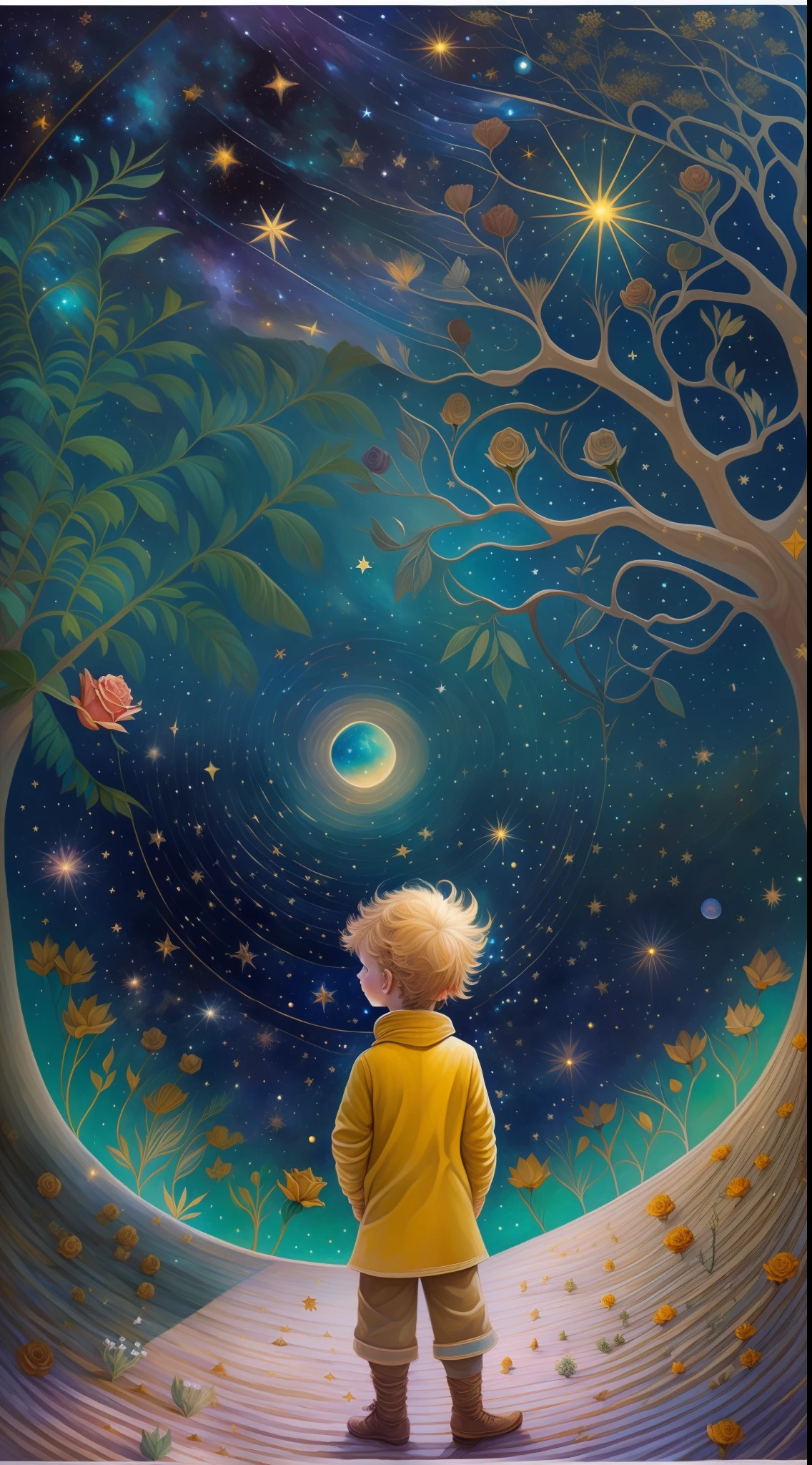 half portrait, Best Quality, Masterpiece, extra high resolution, (foto realista: 2.5), surrealism, dream-like, ((The image of the Little Prince)),  hair light, light blue eyes, Starry sky, Next to him sits 1lis, night time, Stars, galaxy, There is also a rose and a planet, Sprouted baobabs , ((The Little Prince)),  Fairytale painting, A bright light masterpiece, The Little Prince, breathtaking art, illustartion!, by Anna Haifisch, by Julia Pishtar, The landing of Antoine Exupéry, fantastic art, A fairytale work of art, inspiring art, Fantastic works of art