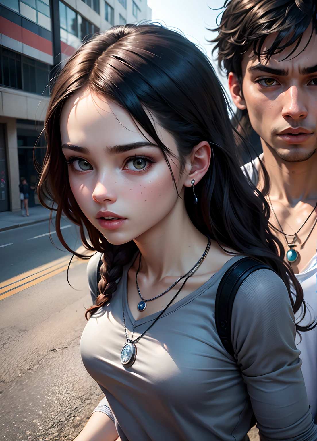 (best quality,4k,ultra-detailed,realistic:1.2),girl and boy,couple in love,necklace,many bracelets,nike shoes,full body,eye-catching,facial expressions,25 years old,scary face,grey theme,fancy lighting,fantasy