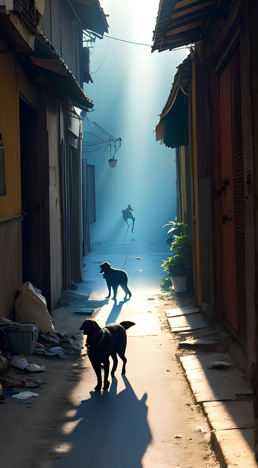 A black dog walking through a lane, sunrays directly hit on his back, we are seeing it coming from front side, in the lane there is a open Dustbin, some garbage here & there, narrow lane, White blue sky, some flies on the garbage, dog in the main focus, wallpaper