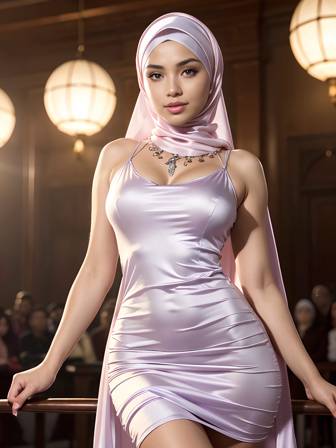 8k, masterpiece, RAW photo, best quality, photorealistic, highly detailed CG unity 8k wallpaper, Depth of field, Cinematic Light, Lens Flare, Ray tracing, (very beautiful face, beautiful lips, beautiful eyes), intricate facial details, ( (very detailed skin)) 1 malay girl in hijab, big breasts, in dark shadow, deep, beautiful malay girl in hijab, sexy body ((looking at the audience)), (big smile: 1.3), (no people in the background: 1.3 ), bracelet, necklace, stockings, clear eyes, walking, (pale skin), (big eyes), facing forward, (full body photo), ((pastel silk dress:1.3)), ((tight dress)), ((string dress)) , (looking at the audience:1.3) exposed breasts, very sexy, big breasts, close up, front eyebrows, (tight dress), thick thighs