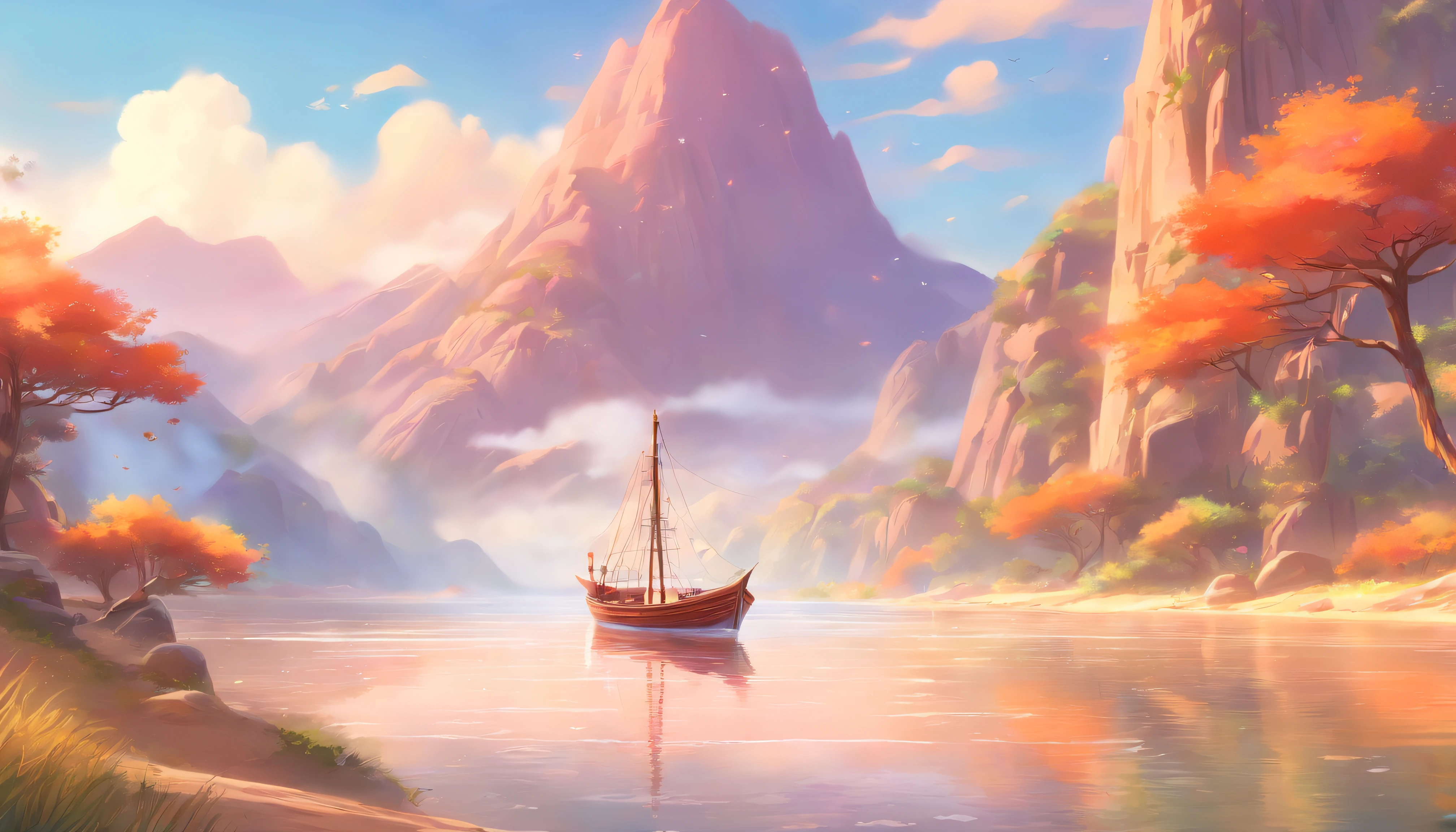 painting of fishing boat , River and mountain landscape with a lake , illustration matte painting, inspired by Thomas Kinkade, symmetric matte painting, detailed scenery , style raw, 8 k ultra detailed, environment design illustration, scenery art detailed, Seaside view, concept-art, 4k highly detailed digital art, 4 k digital painting, 4k digital painting, stunning digital illustration, Desert background, digital painting concept art, Detailed digital painting