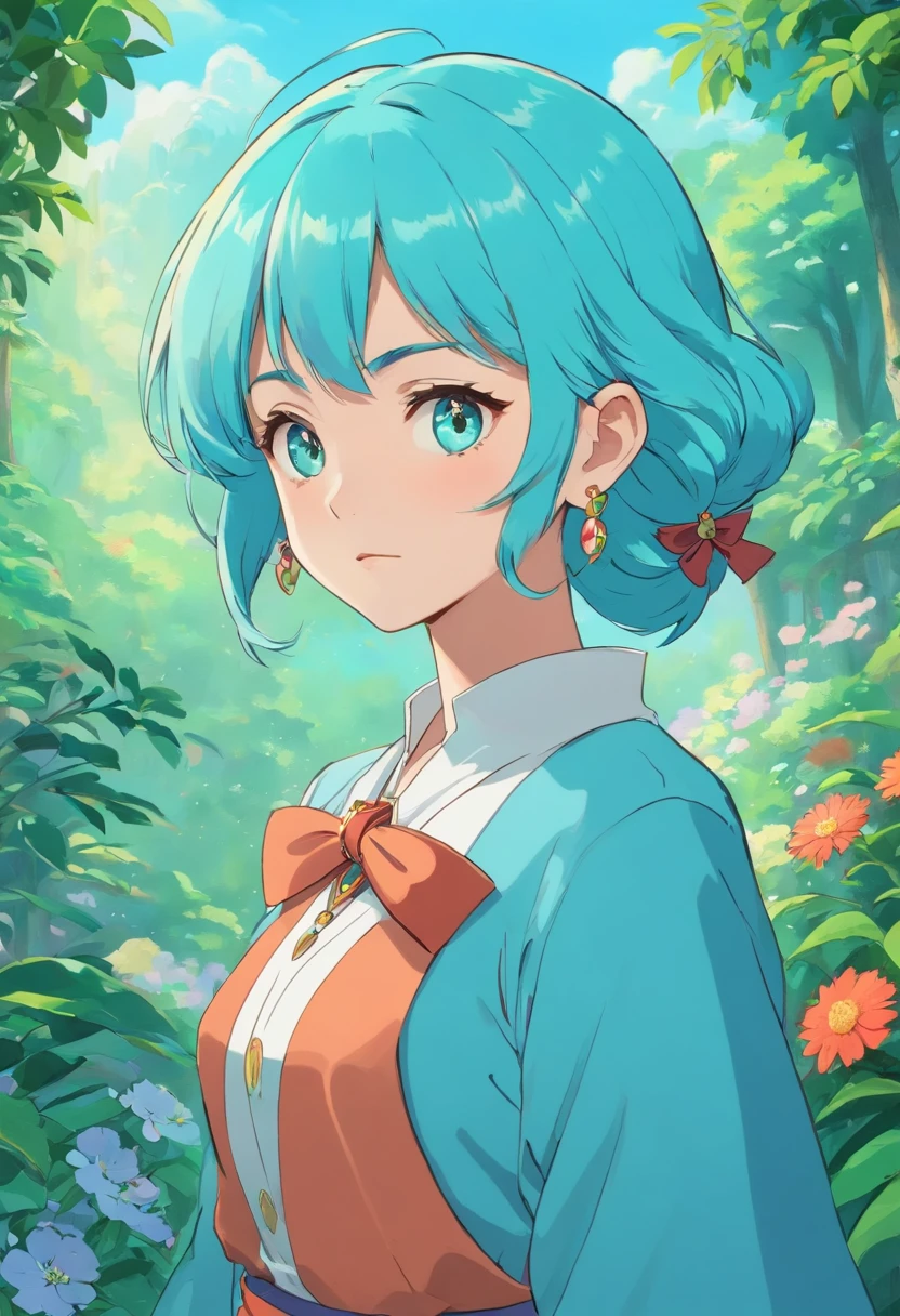a girl wearing an anime collar, a long necklace and earrings, in the style of tranquil gardenscapes, colorful animation stills, masami teraoka, aquamarine, paul gauguin, Embry style, honest portrayal