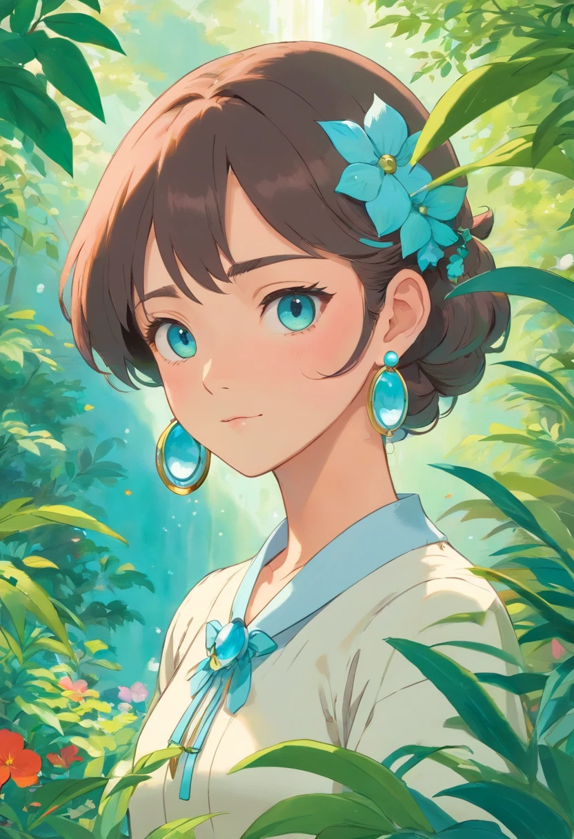 a girl wearing an anime collar, a long necklace and earrings, in the style of tranquil gardenscapes, colorful animation stills, masami teraoka, aquamarine, paul gauguin, Embry style, honest portrayal
