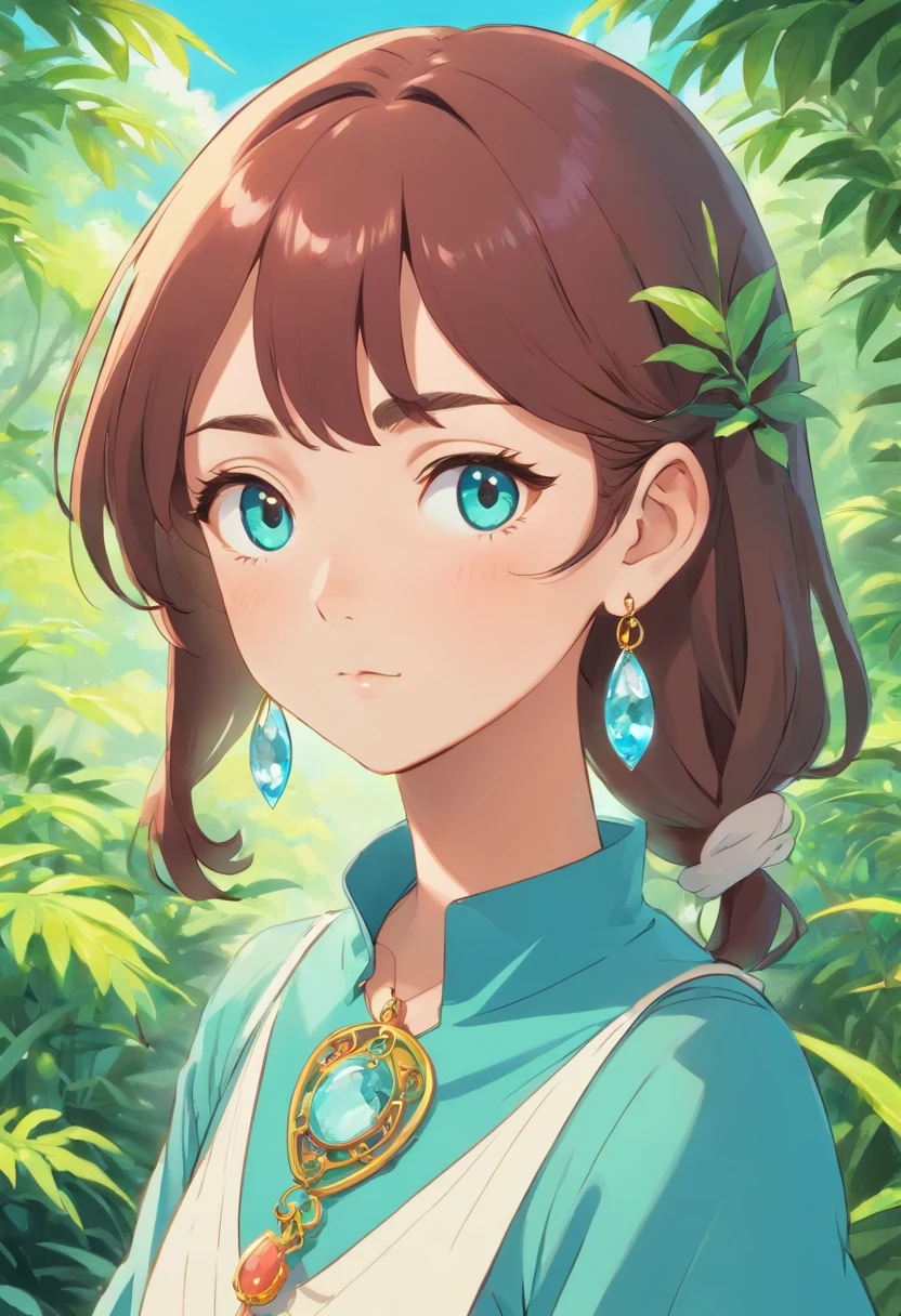 a girl wearing an anime collar, a long necklace and earrings, in the style of tranquil gardenscapes, colorful animation stills, masami teraoka, aquamarine, paul gauguin, Embry style, honest portrayal