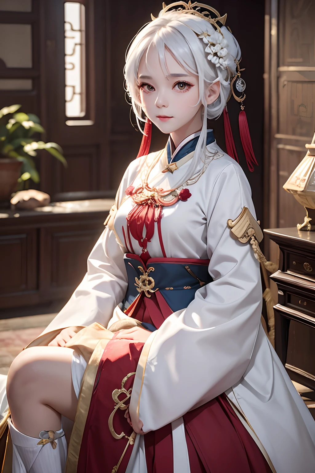 Masterpiece, realistic, realistic: extremely complex, realistic, extremely complex, 1girl, (blonde), crown, red robe, baroque black dress, red cloak, white, cape: fur trim, covering, fur cloak, queen's cloak, forehead, sitting, red eyes, corset, bridal gloves, throne,