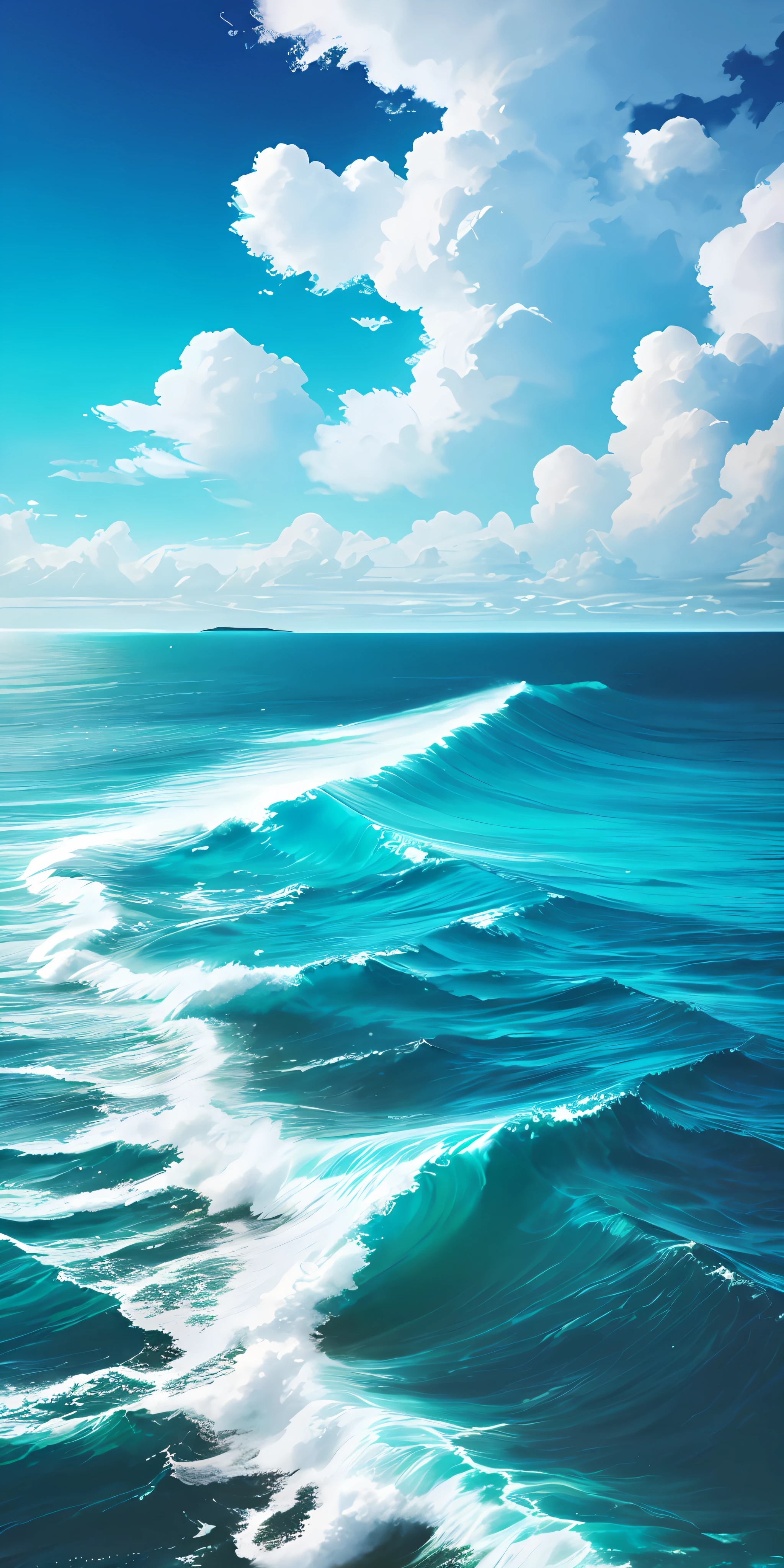 turquoise sky, soft clouds, turquoise sea waves, long connected coastline, fantasy, space, soft light