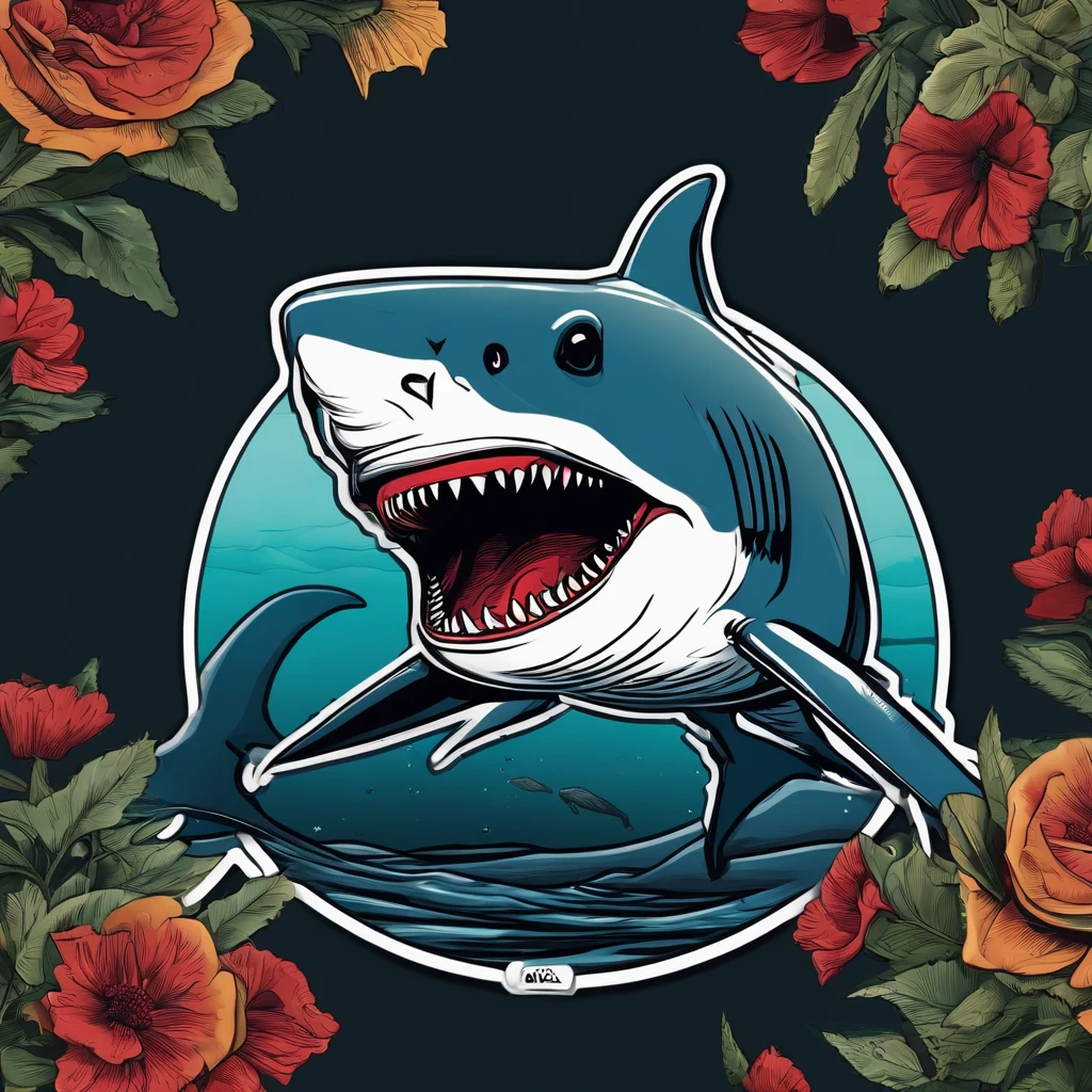 /imagine prompt: shark illustration for a sticker with a black background, in bold outline style, jagged edges, trashcore, light shading --v 5.2