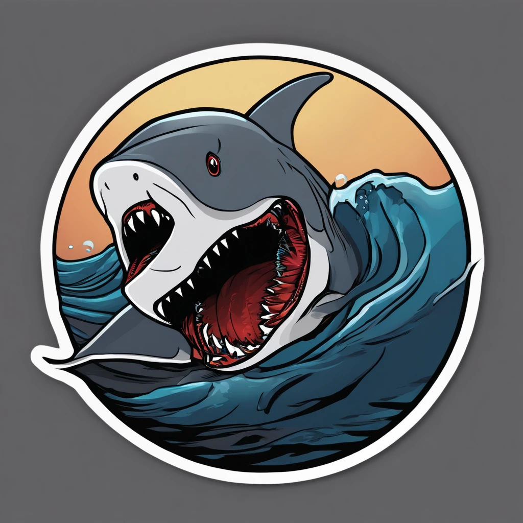 /imagine prompt: shark illustration for a sticker with a black background, in bold outline style, jagged edges, trashcore, light shading --v 5.2
