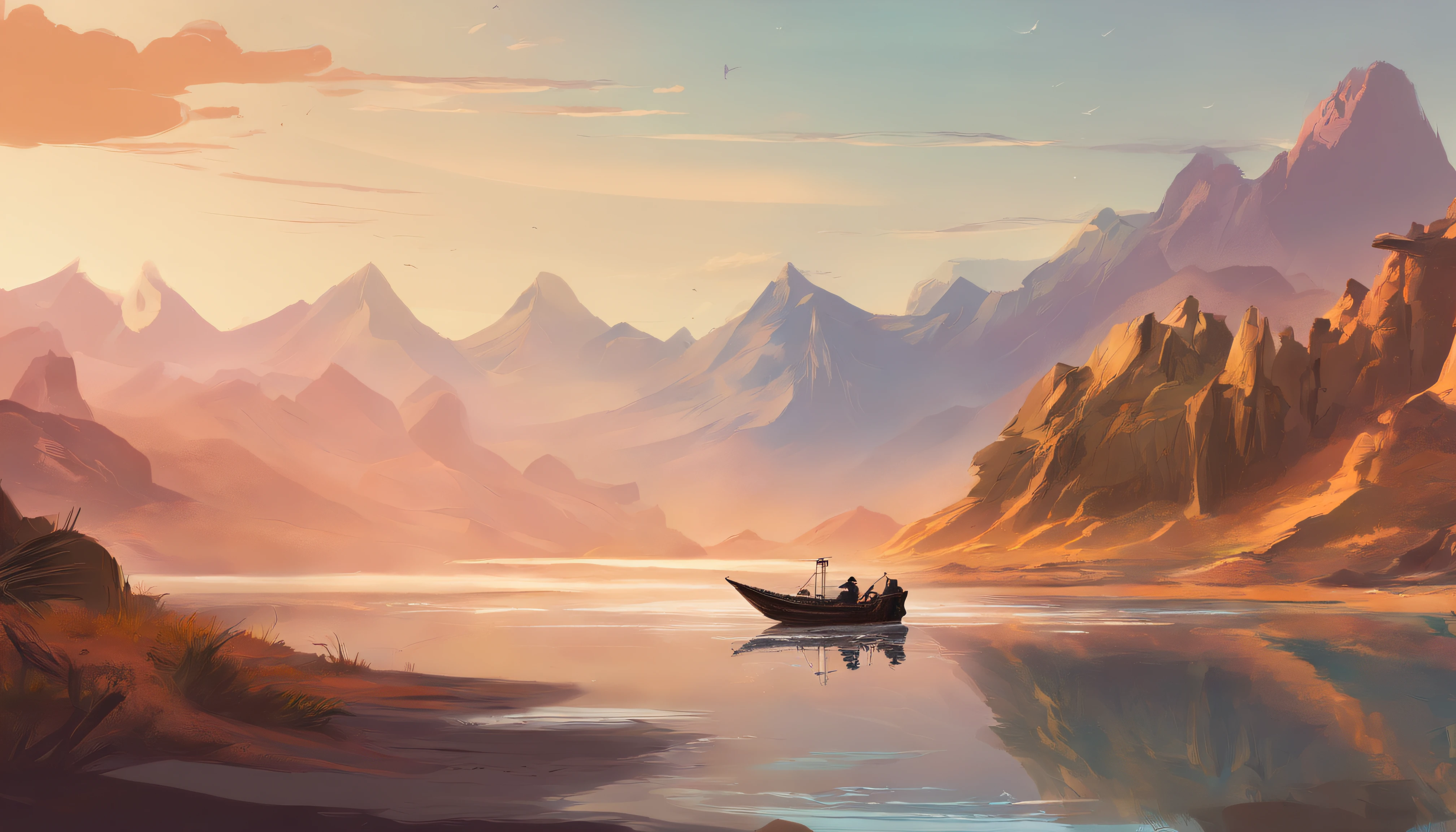 painting of fishing boat , River and mountain landscape with a lake , illustration matte painting, inspired by Thomas Kinkade, symmetric matte painting, detailed scenery , style raw, 8 k ultra detailed, environment design illustration, scenery art detailed, Seaside view, concept-art, 4k highly detailed digital art, 4 k digital painting, 4k digital painting, stunning digital illustration, Desert background, digital painting concept art, Detailed digital painting