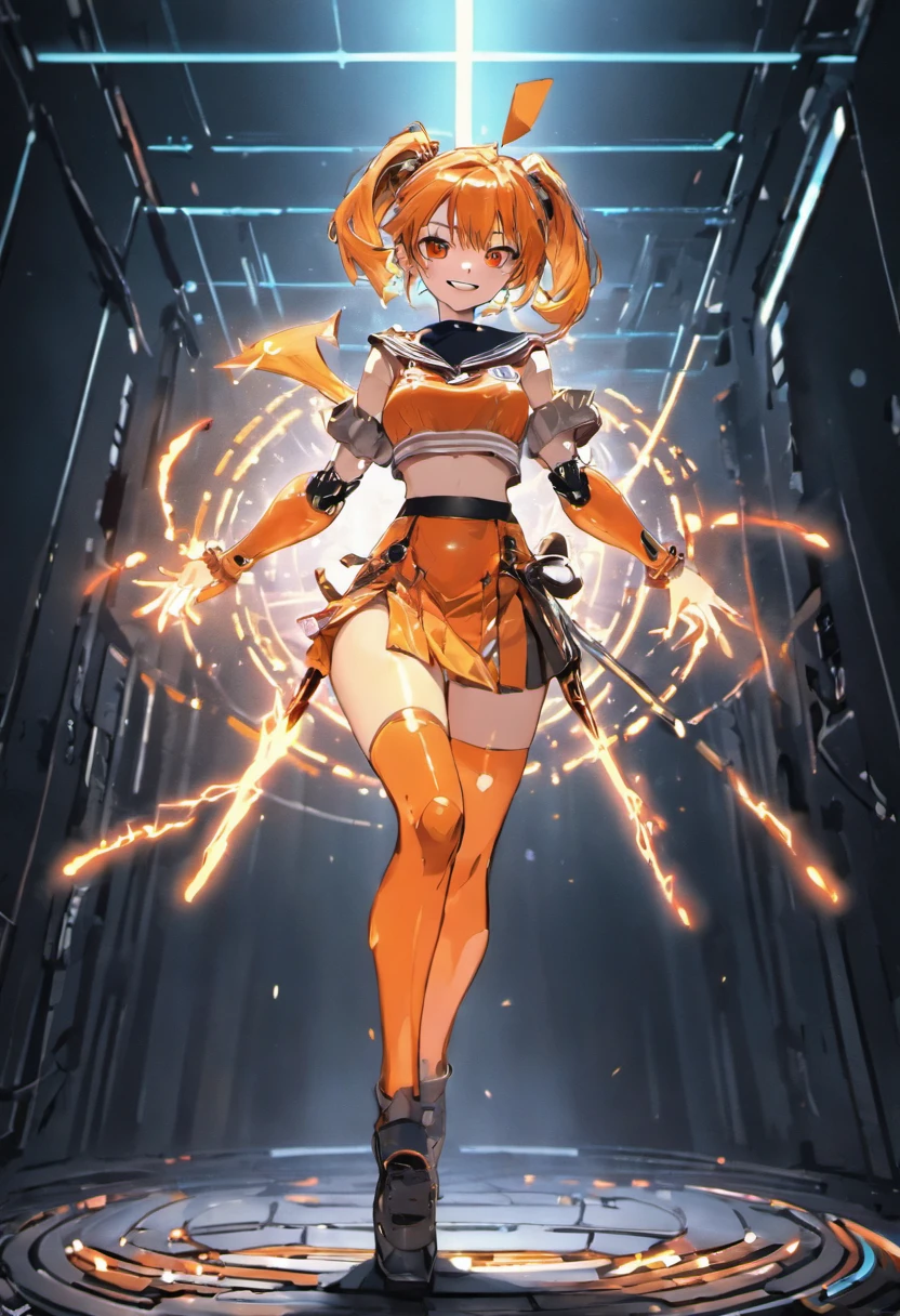 Cybernetic arm and glowing cyber girl,(J Women's Uniform,a sailor suit,White skirt,),Intense body movements,Add a motion blur effect to simulate motion,Stand on the streets of a desolate battlefield.Surrounded by a network of wires. Surrounded by a net of orange LED circuits. (Cyber Girl with Orange Glowing Sword:1.3), Shiny Silver Shorthair,disheveled ponytail,,Cute smile,Perfect round face,Black eyes,A cheerful smile that makes the viewer happy,Proper body proportion,Intricate details,Very delicate and beautiful hair,photos realistic,Dreamy,Professional Lighting,realistic shadow,Solo Focus,Beautiful hands,Beautiful fingers,Detailed finger features,detailed clothes features,Detailed hair features,detailed facial features,(masutepiece,top-quality,Ultra-high resolution output image,) ,(The 8k quality,),(Image Mode Ultra HD,),(Image Mode Ultra HD,),(Sea Art 2 Mode.1:1.3),Science fiction fantasy
