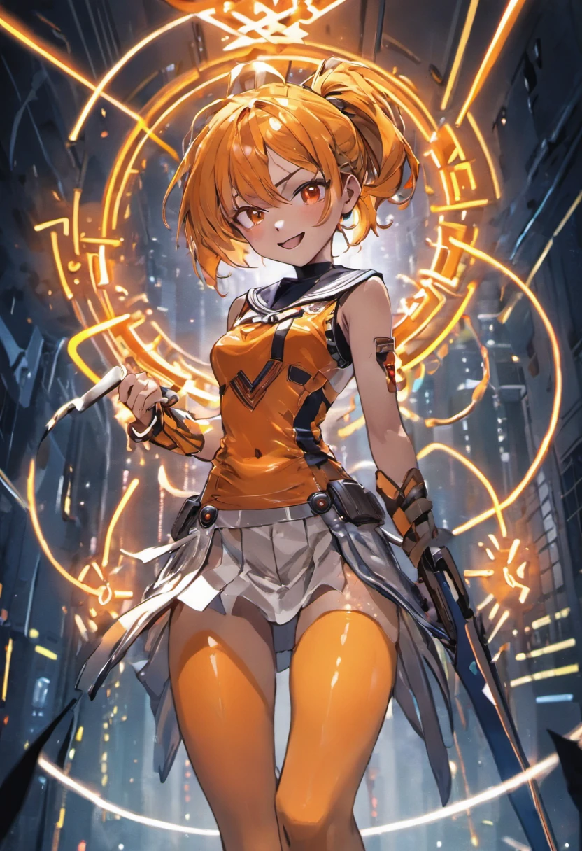 Cybernetic arm and glowing cyber girl,(J Women's Uniform,a sailor suit,White skirt,),Intense body movements,Add a motion blur effect to simulate motion,Stand on the streets of a desolate battlefield.Surrounded by a network of wires. Surrounded by a net of orange LED circuits. (Cyber Girl with Orange Glowing Sword:1.3), Shiny Silver Shorthair,disheveled ponytail,,Cute smile,Perfect round face,Black eyes,A cheerful smile that makes the viewer happy,Proper body proportion,Intricate details,Very delicate and beautiful hair,photos realistic,Dreamy,Professional Lighting,realistic shadow,Solo Focus,Beautiful hands,Beautiful fingers,Detailed finger features,detailed clothes features,Detailed hair features,detailed facial features,(masutepiece,top-quality,Ultra-high resolution output image,) ,(The 8k quality,),(Image Mode Ultra HD,),