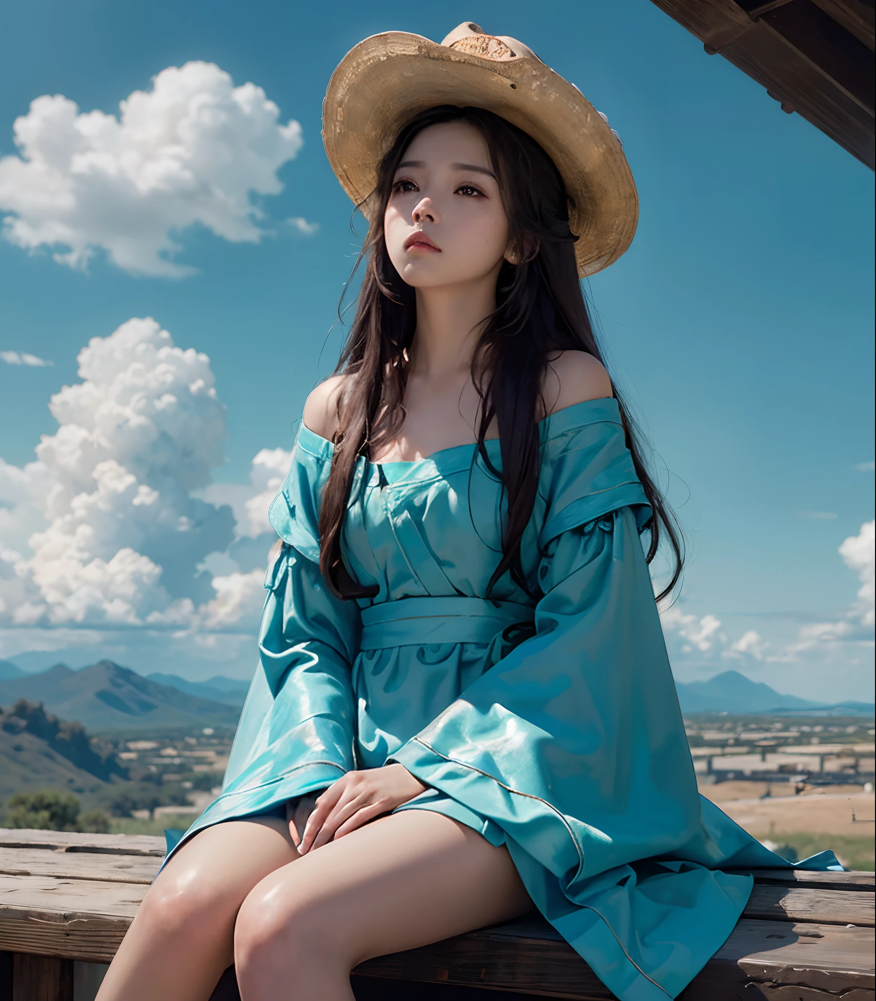 (best quality, masterpiece), Turquoise Screen Filter, (1girl, solo, brown robe, expression face, looking up, sitting, wide sleeves, black eyes, closed mouth, long hair, cowboy shot), (clear sky, cosmos flower filed, cloud),