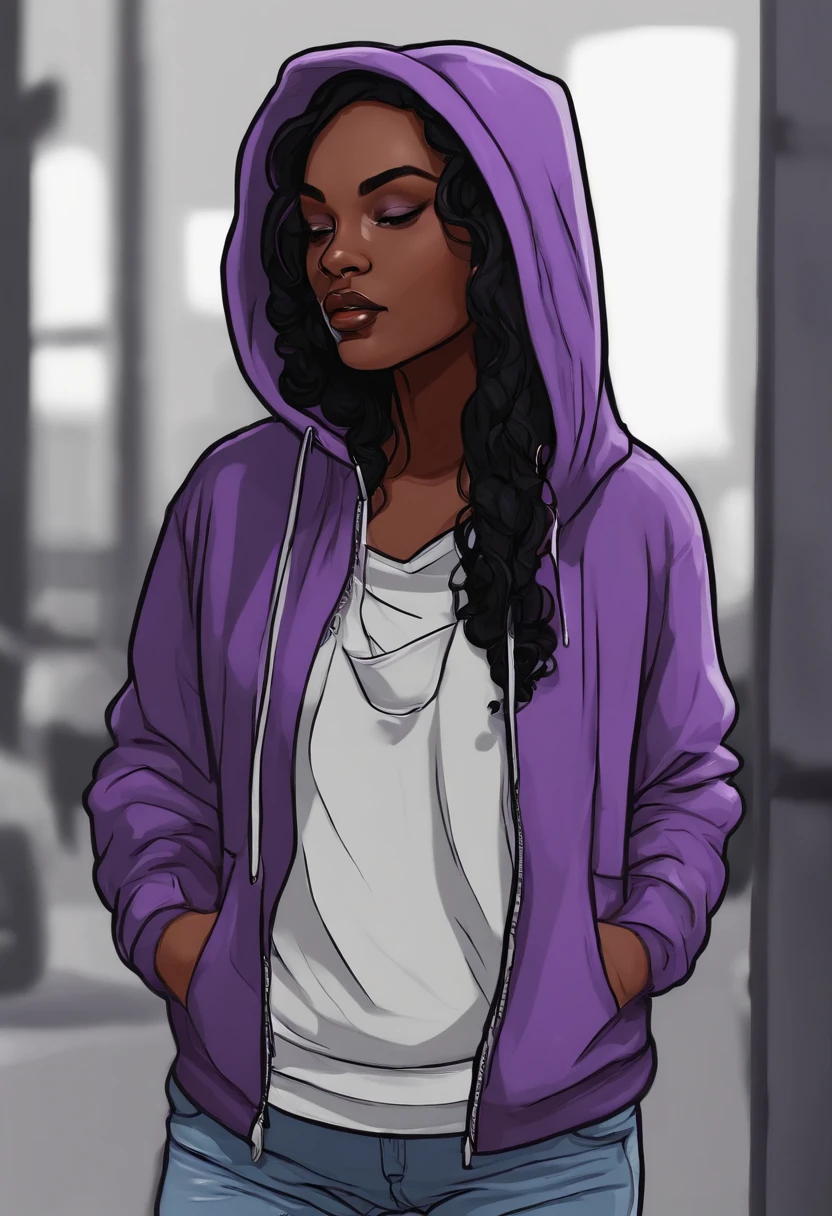 /imagine prompt: dark-skinned girl with long black wavy hair wearing purple hoodie illustration for a sticker with a black background, in bold outline style, jagged edges, trashcore, light shading --v 5.2