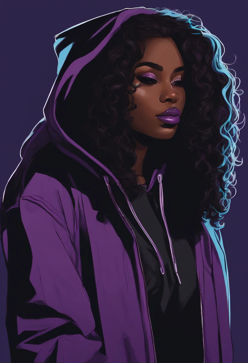 /imagine prompt: dark-skinned girl with long black wavy hair wearing purple hoodie illustration for a sticker with a black background, in bold outline style, jagged edges, trashcore, light shading --v 5.2