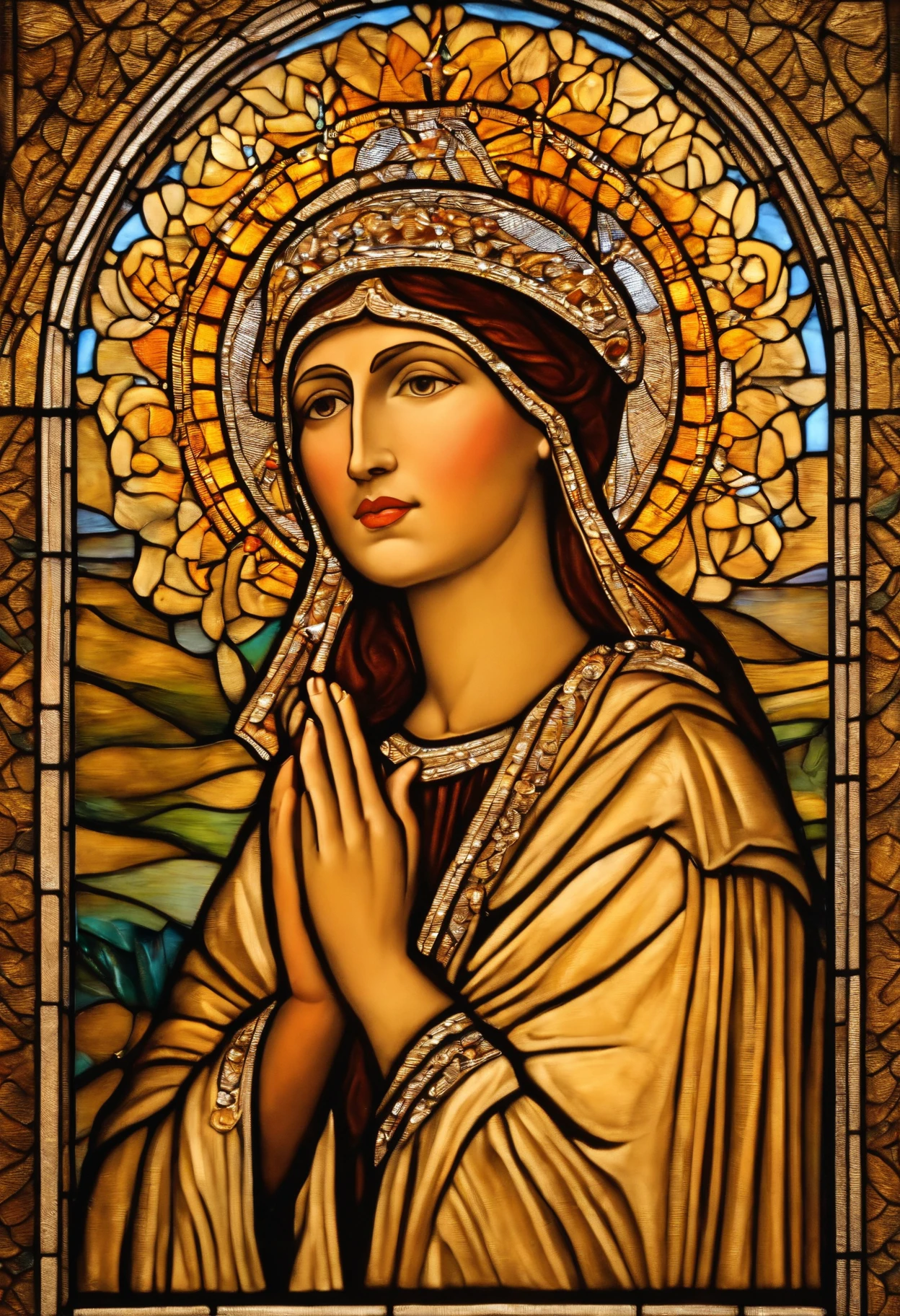 (Masterpiece, Best Quality, Best Quality, Official Art, Beautiful and Aesthetic: 1.2), (Woman in her 40s kneeling in prayer: 1.3), 1 FEMALE BREAK Stained glass art, colored glass, lead line, light transmittance BREAK Vivid colors, intricate design, luminous effects, spiritual atmosphere, very detailed faces, clear hands, (scenes that look very small from a distance), light on the face, Klimt's style, orthodox Byzantine Icon