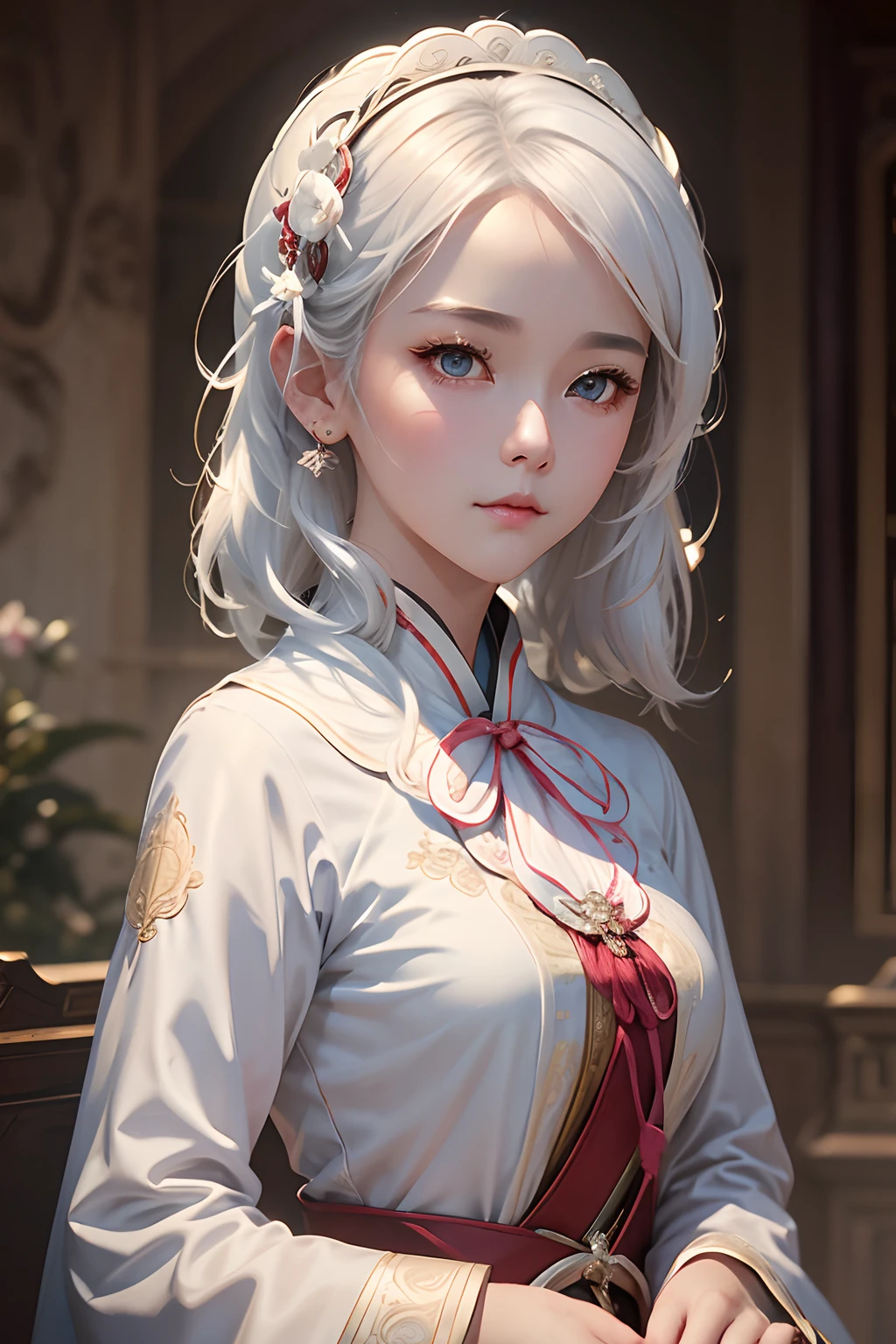 National style,period costume,s girl,White color hair,𝓡𝓸𝓶𝓪𝓷𝓽𝓲𝓬,frontage,closeup of face,high-definition picture quality,Romantic atmosphere