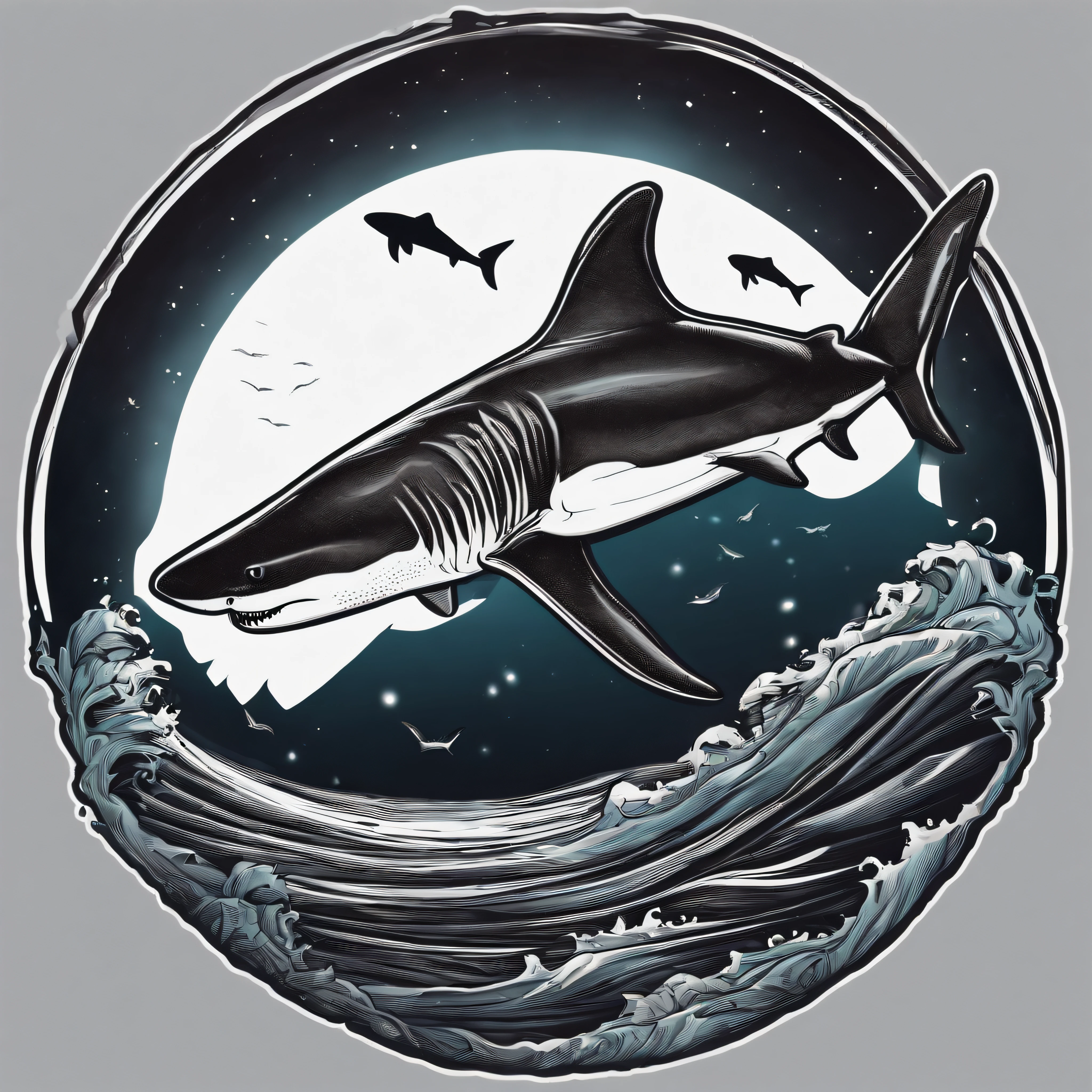 /imagine prompt: shark illustration for a sticker with a black background, in bold outline style, jagged edges, trashcore, light shading --v 5.2
