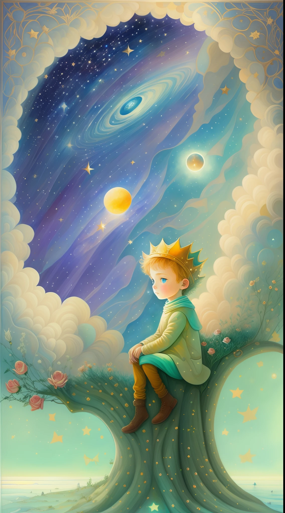 half portrait, Best Quality, Masterpiece, extra high resolution, (foto realista: 2.5), surrealism, dream-like, ((The image of the Little Prince)),  hair light, light blue eyes, Starry sky, Next to him sits 1lis, night time, Stars, galaxy, There is also a rose and a planet, Sprouted baobabs , ((The Little Prince)),  Fairytale painting, A bright light masterpiece, The Little Prince, breathtaking art, illustartion!, by Anna Haifisch, by Julia Pishtar, The landing of Antoine Exupéry, fantastic art, A fairytale work of art, inspiring art, Fantastic works of art